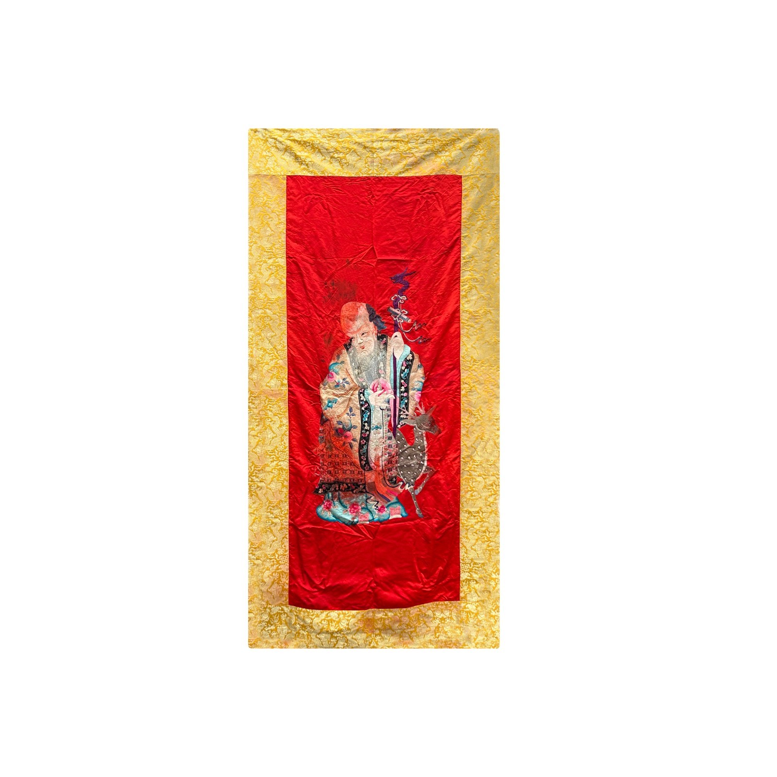 Vintage Chinese Shoulao Longevity Peach Deer Embroidery Fabric Tapestry GB795