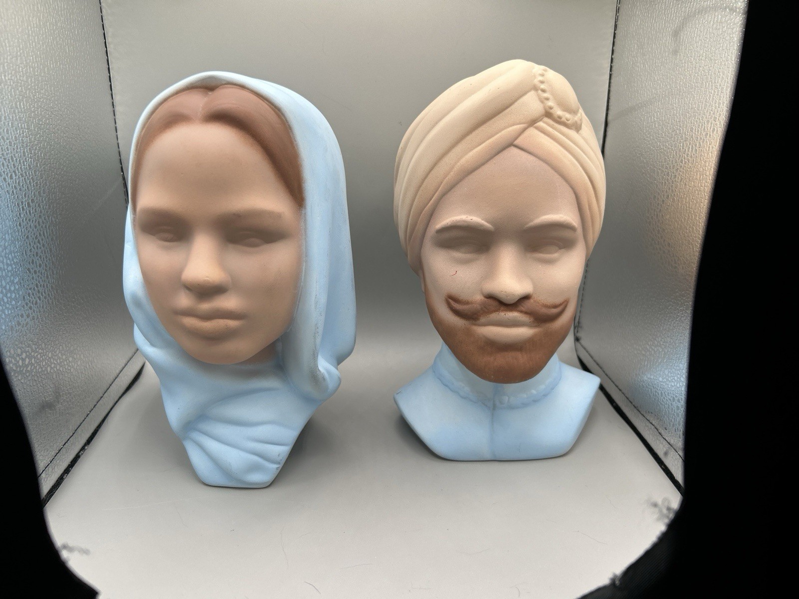 Vintage Pair/Lot Of 2 Marwal Chalk Ware Bust Man Woman Turbin Scarf Hand Painted Vintage Pair/Lot Of 2 Marwal Chalk Ware Bust Man Woman Turbin Scarf Hand Painted