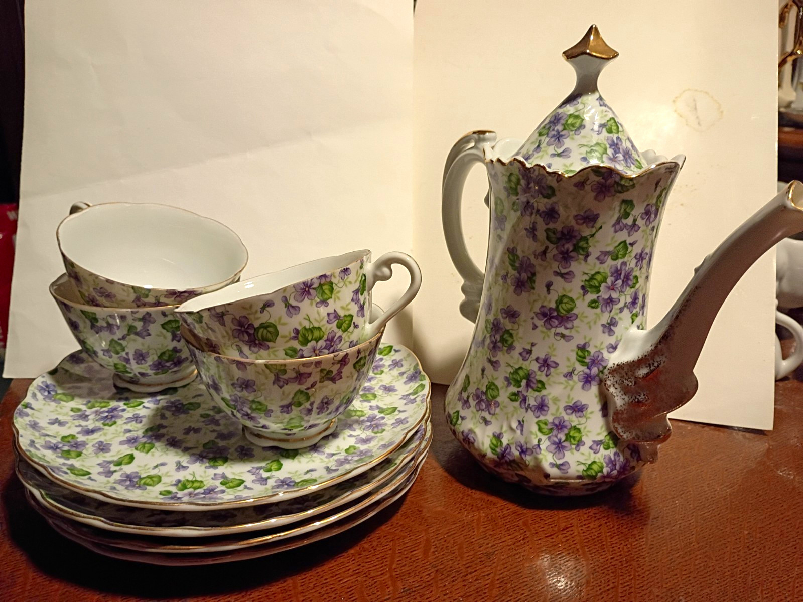 Lefton Porcelain Floral Tea Set Teapot w/ Lid Cup Saucer Plate White Purple 638