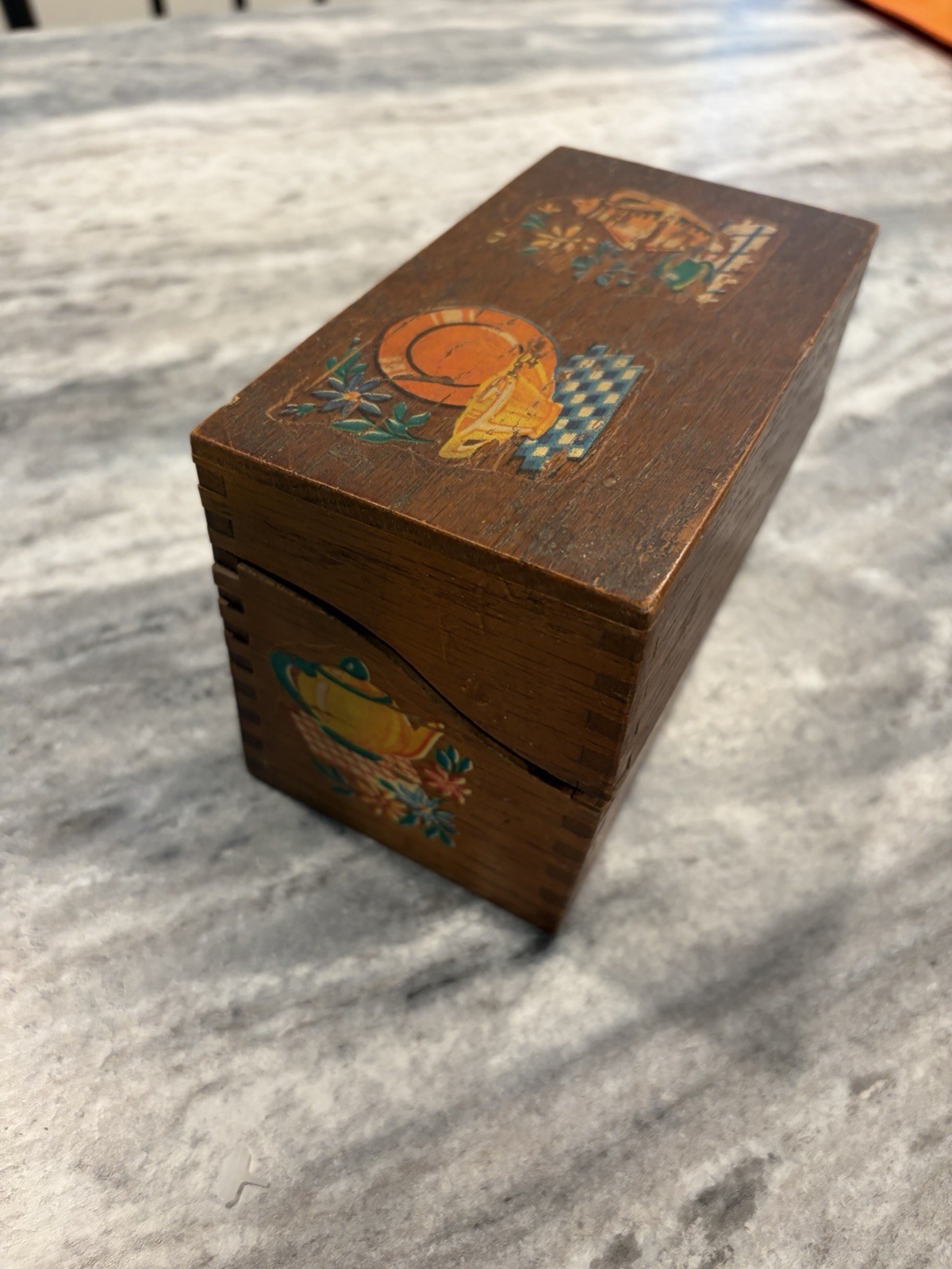 Vintage Wooden Recipe Card Box Hinged Lid Retro Kitchen Decals Rustic Storage