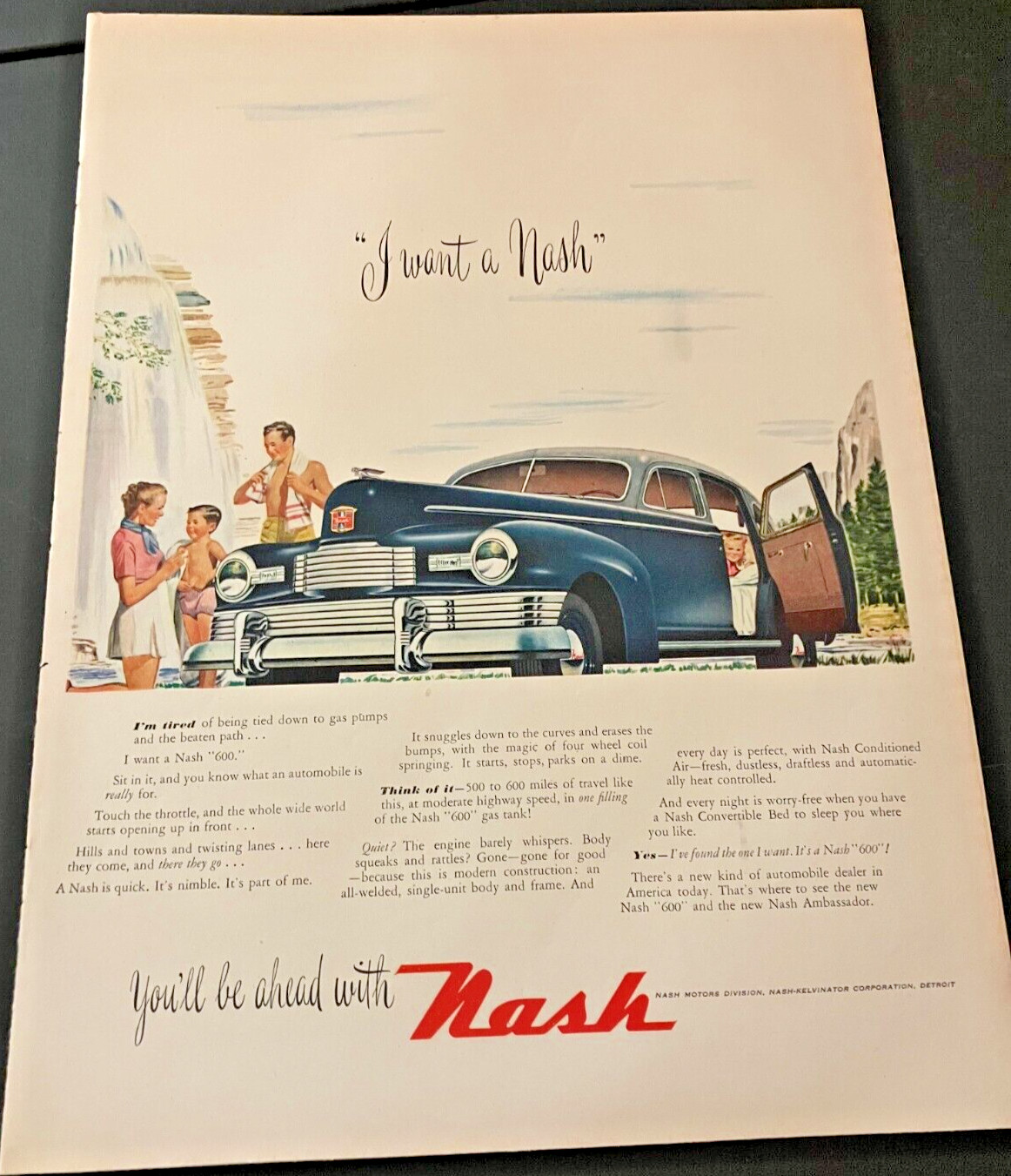 1947 Nash Ambassador - Vintage Illustrated Print Ad / Wall Art - Swimming Hole