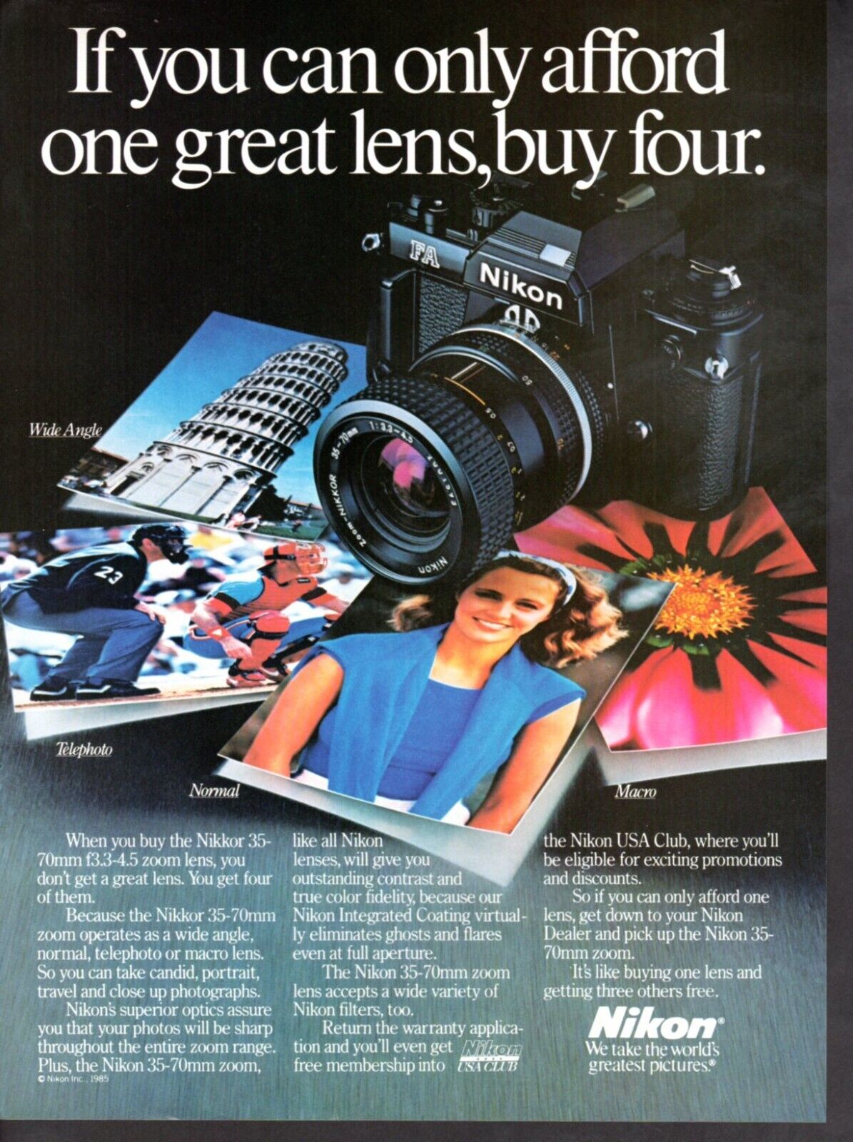 Vintage advertising print ad Camera Nikon Nikkor 35-70mm f3.3-4 zoom 1985 ad