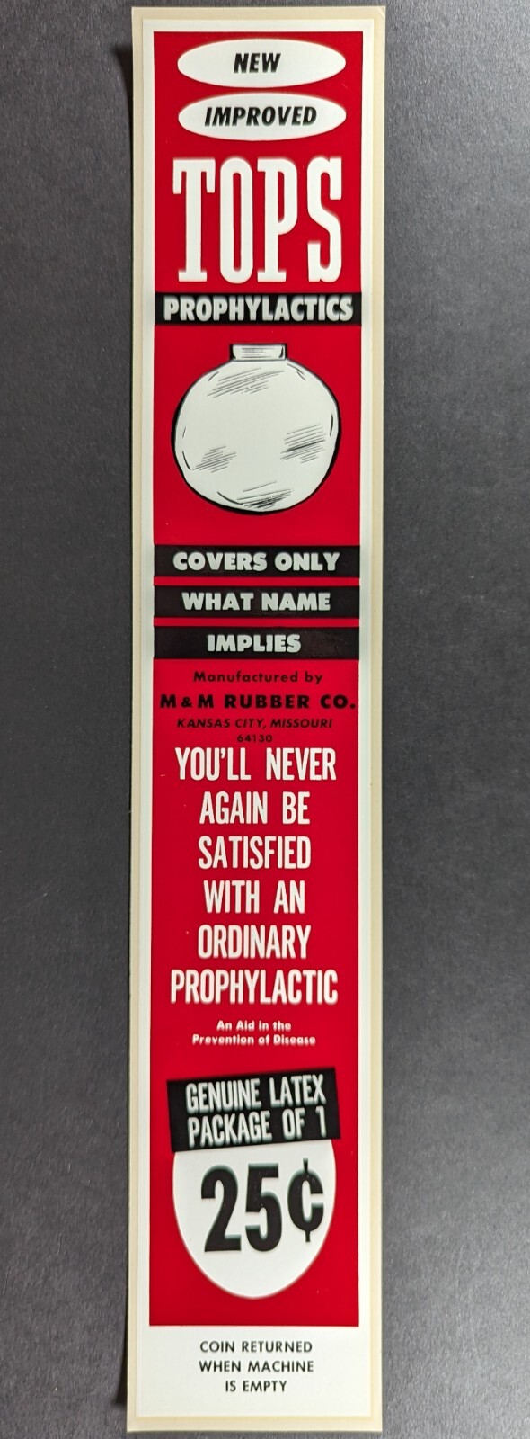 Vintage 1970s Tops Prophylactics Condom Machine 3x16 Sticker Decal Vintage 1970s Tops Prophylactics Condom Machine 3x16 Sticker Decal