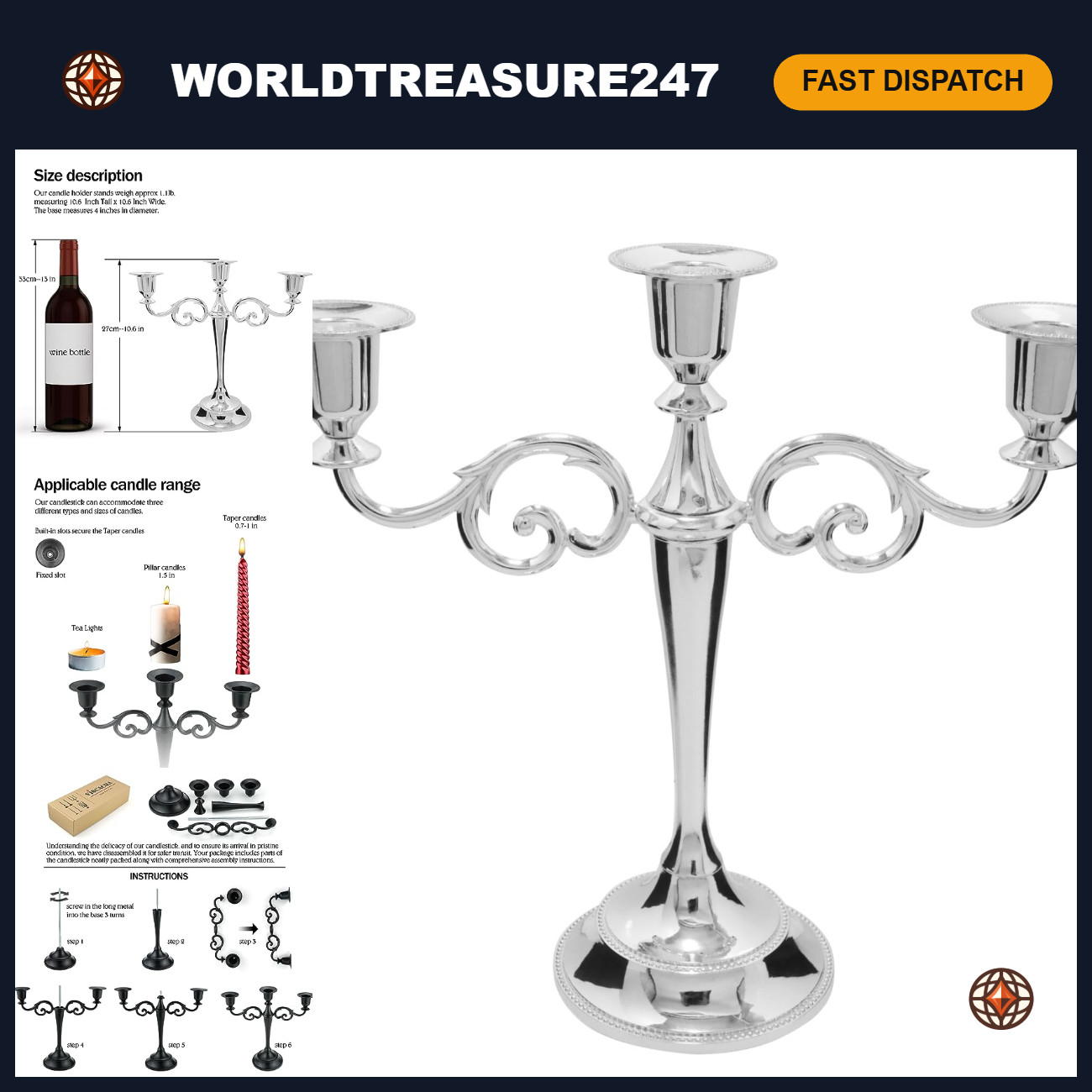 Elegant 3-Arm Metal Candelabra Candle Holder for Table Centerpiece - Silver Fini
