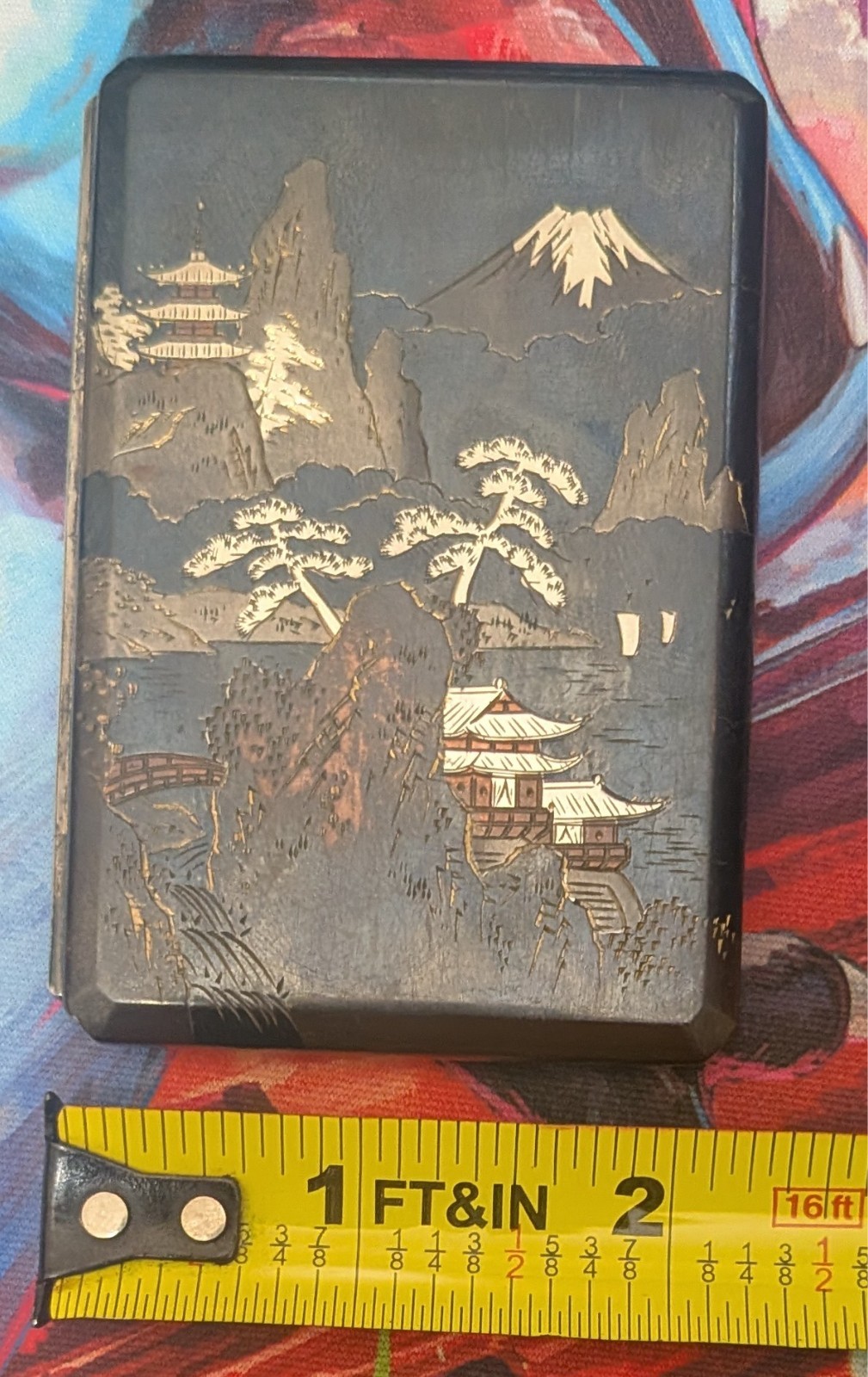 Vintage Japanese OKUBO Gold Bronze Cigarette Case Mt Fuji