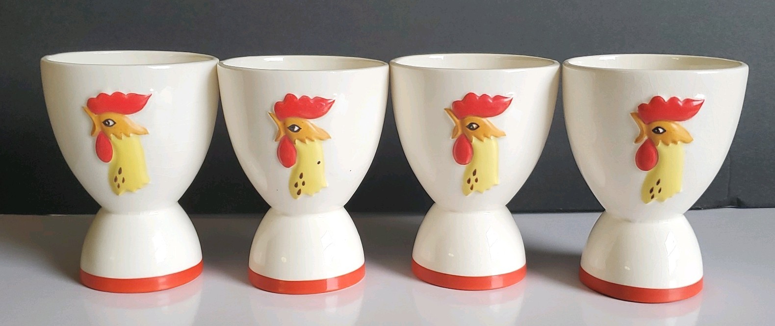 Lot of 4 Vintage 1961 Holt Howard MCM Rooster Chicken Egg Cup Holders Reversible
