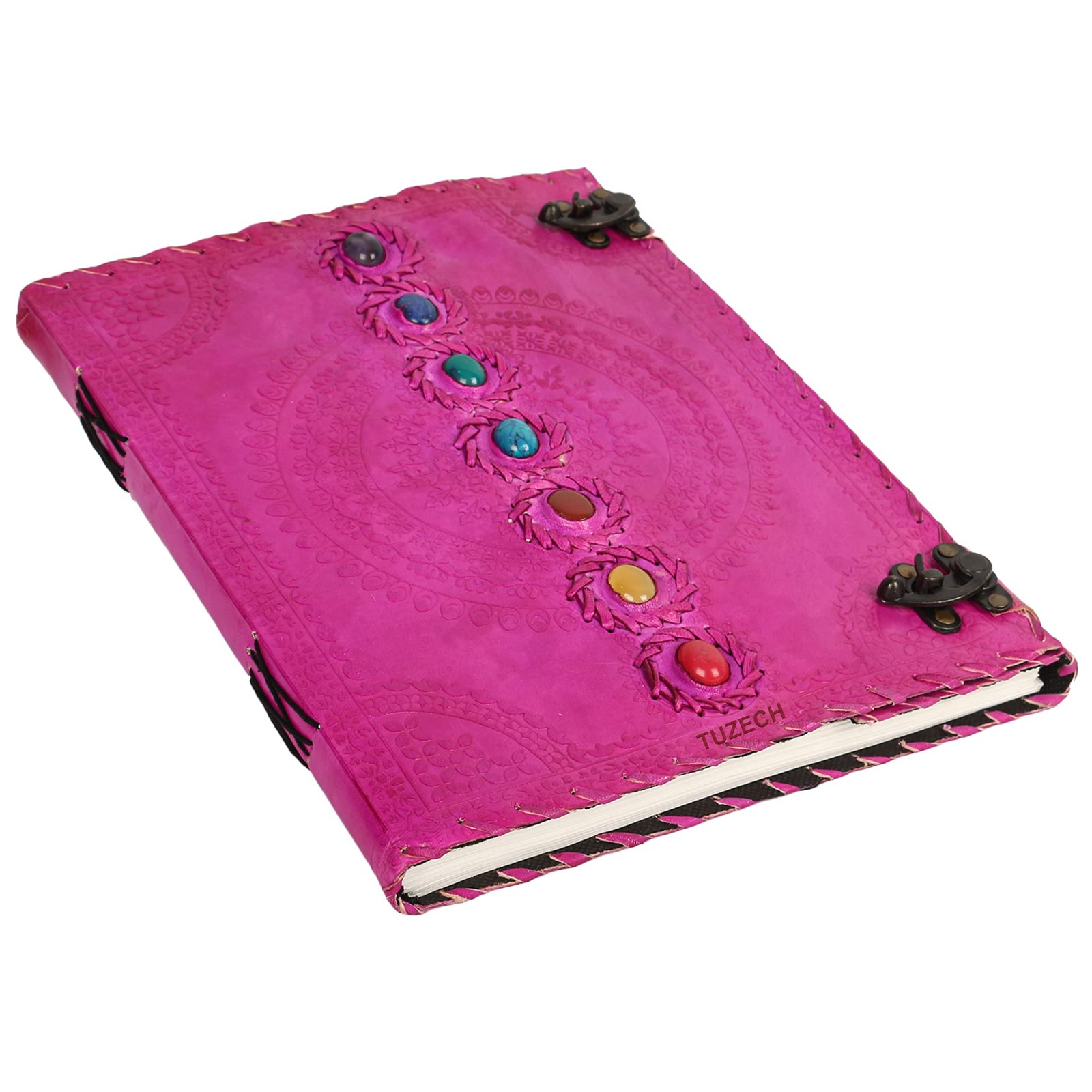 TUZECH Seven Chakra Medieval Stone Embossed Handmade Jumbo Leather Journal, Pink