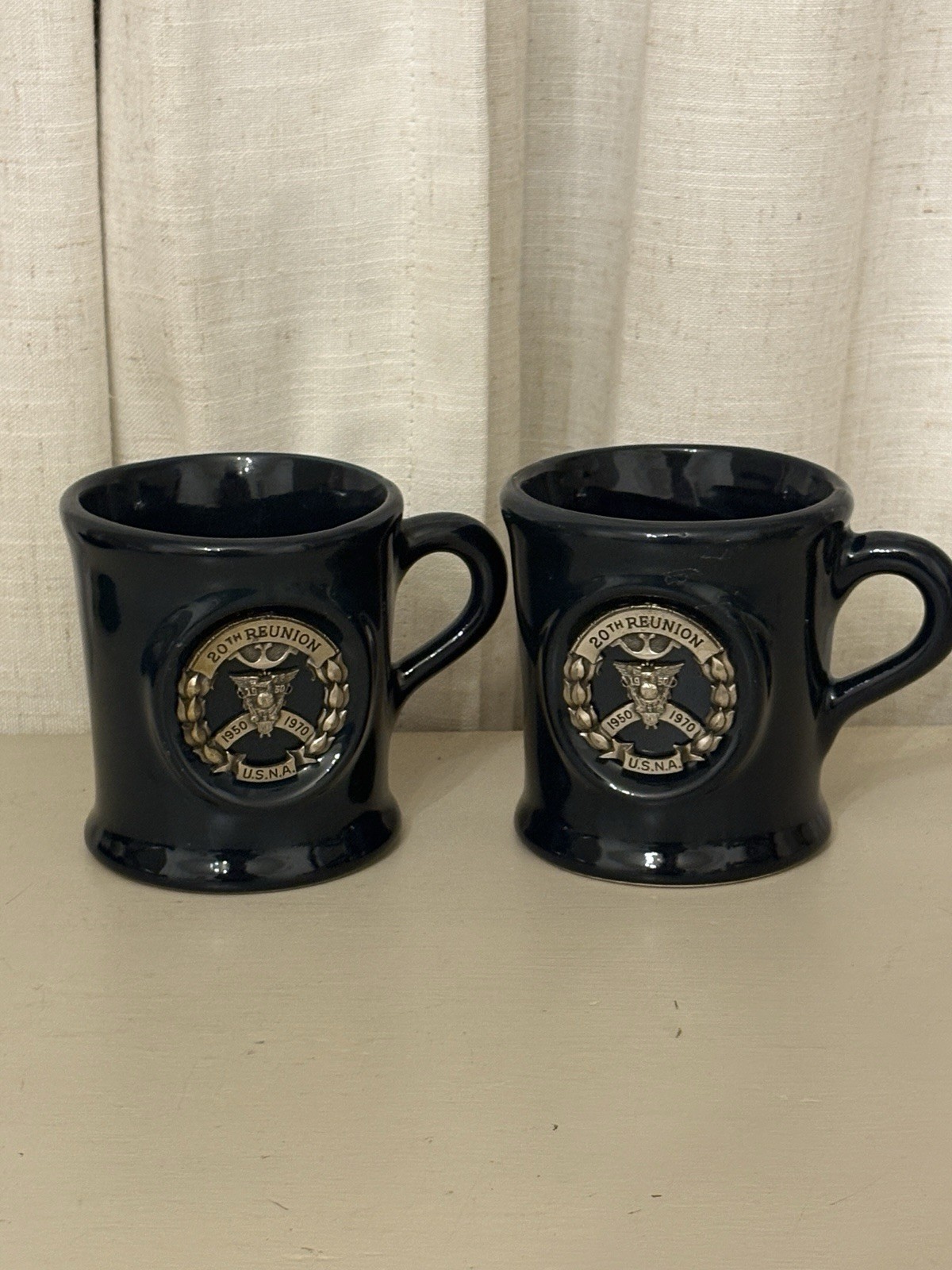 Vintage USNA Class of 1950 20th Reunion Coffee Mugs Navy Blue Ceramic Set of 2