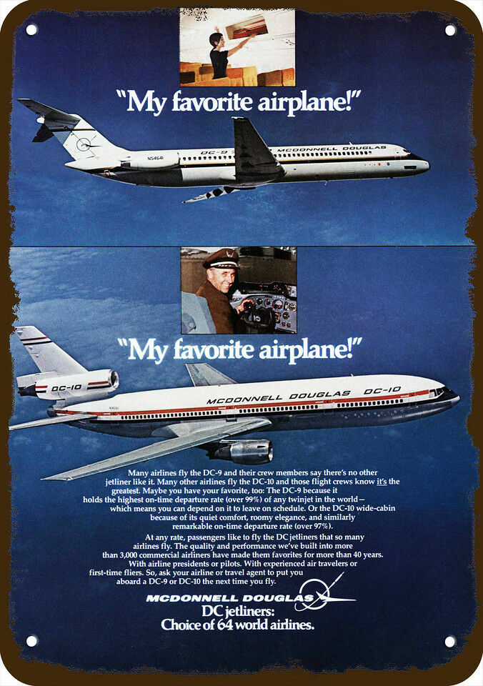 1975 McDONNELL DOUGLAS DC-9 & DC-10 Jet Vntg-Look DECORATIVE REPLICA METAL SIGN 1975 McDONNELL DOUGLAS DC-9 & DC-10 Jet Vntg-Look DECORATIVE REPLICA METAL SIGN
