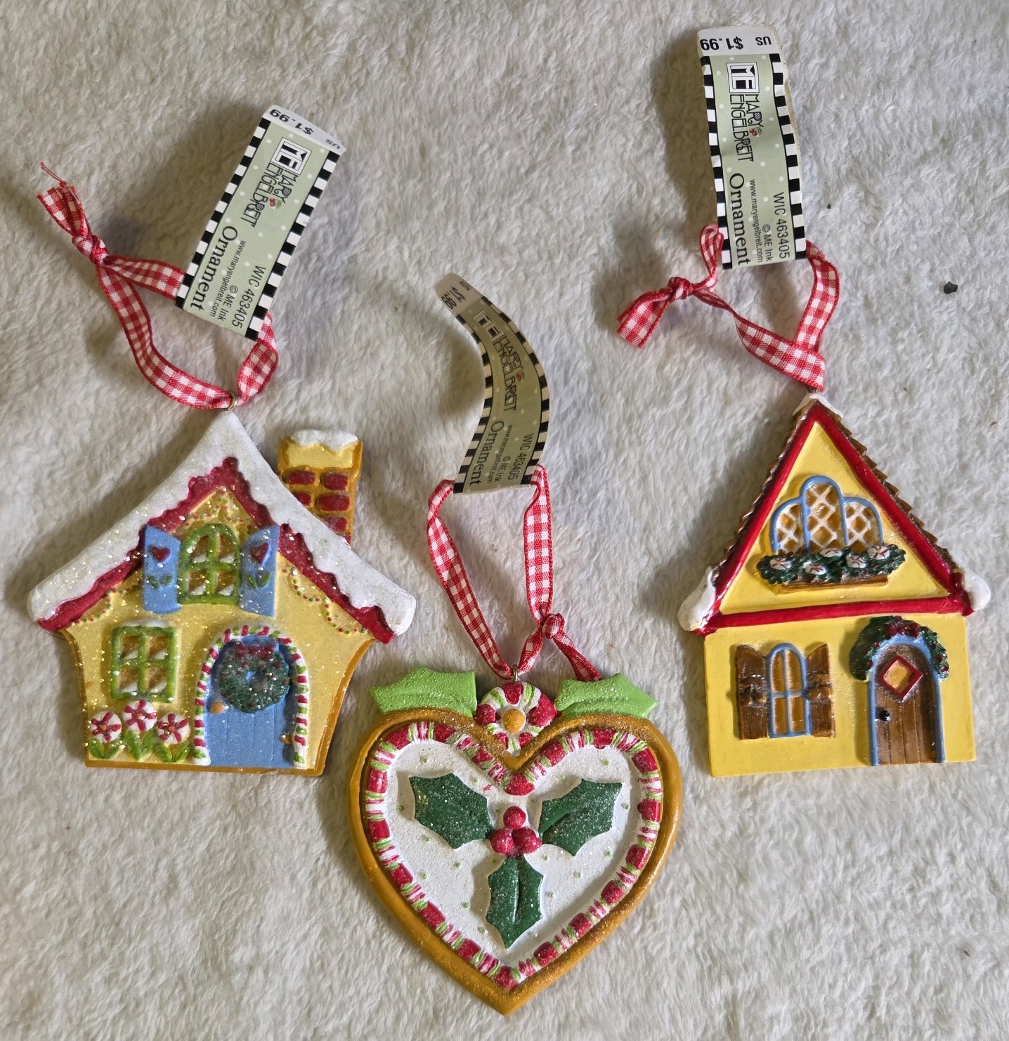 Set: 3 Vintage Mary Engelbreit Resin Christmas Ornaments Houses & Heart RARE
