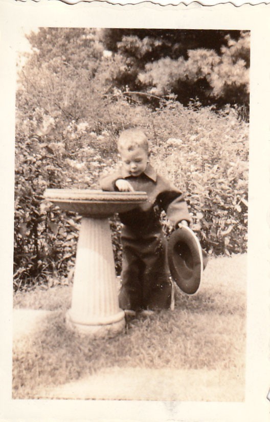 Vintage Photo 1930s Little Boy at Bird Fountain Touching Water Hat Small Pic