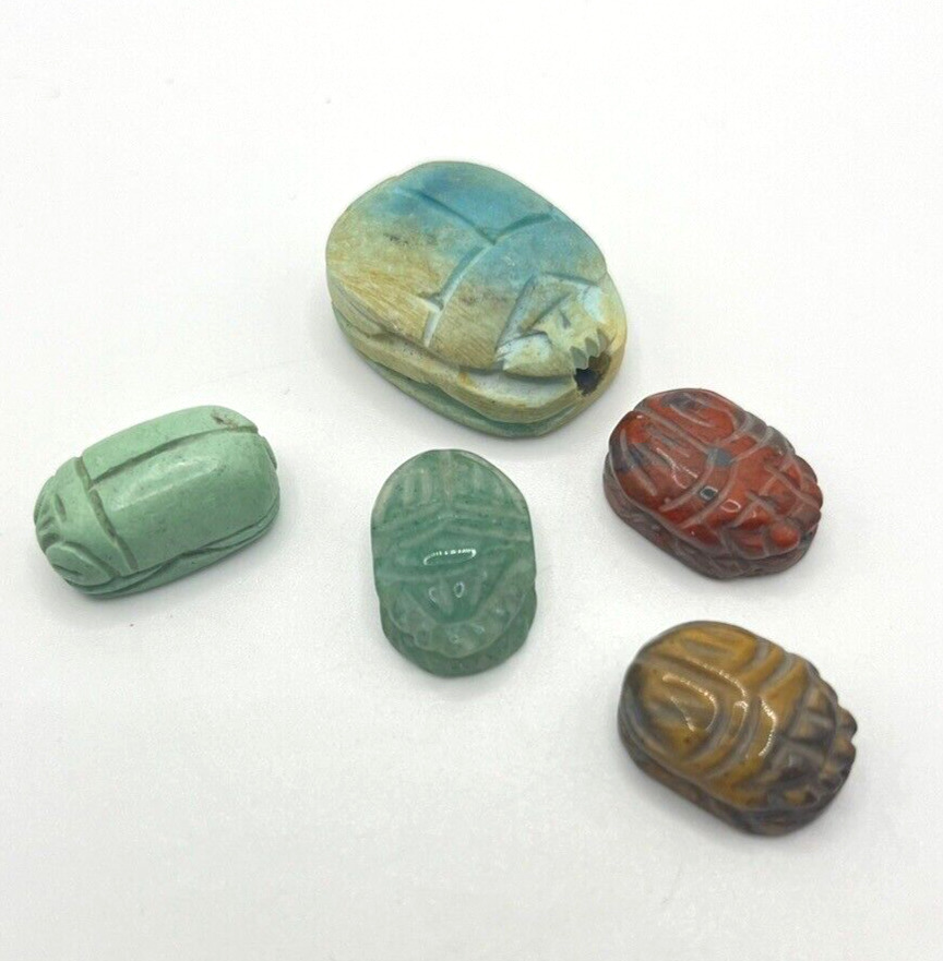5 Vintage Antique Egyptian Carved Green Red Tan Stone Scarab Beetle Focal Beads