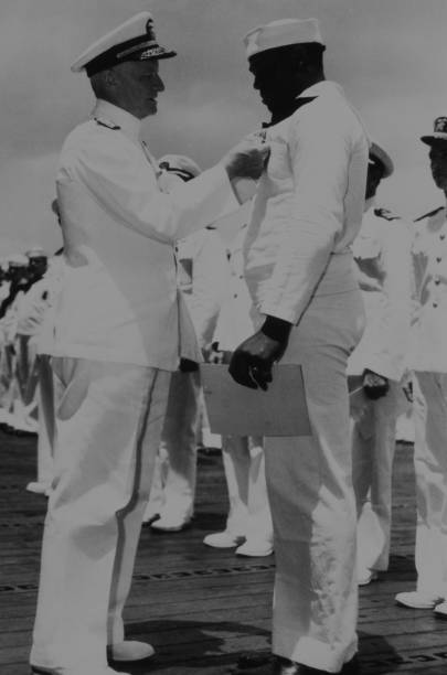 Admiral Chester W Nimitz pins Navy Cross onto Doris Dorie Miller U- Old Photo