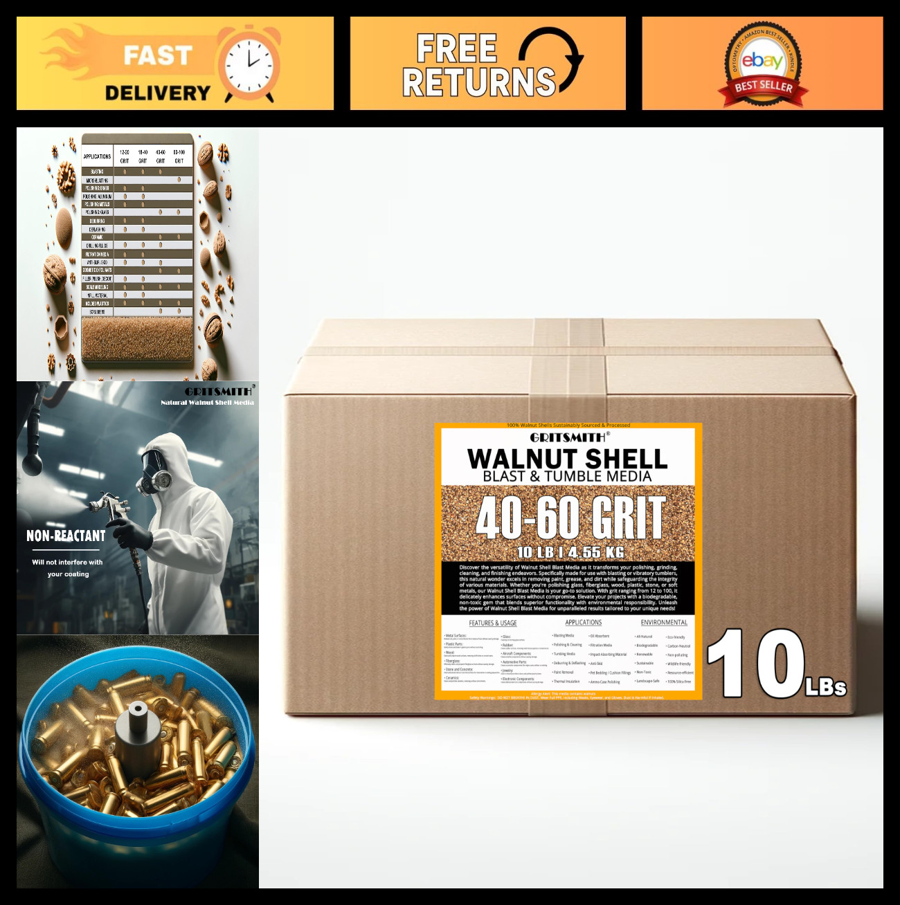 Premium Crushed Walnut Shell Media 10 LBS - 40-60 Grit for Sandblasting, Tumblin Premium Crushed Walnut Shell Media 10 LBS - 40-60 Grit for Sandblasting, Tumblin