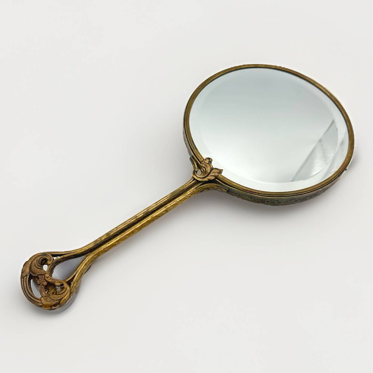 Antique Brass Art Nouveau Repousse Vanity Hand Mirror Filigree Openwork Handle
