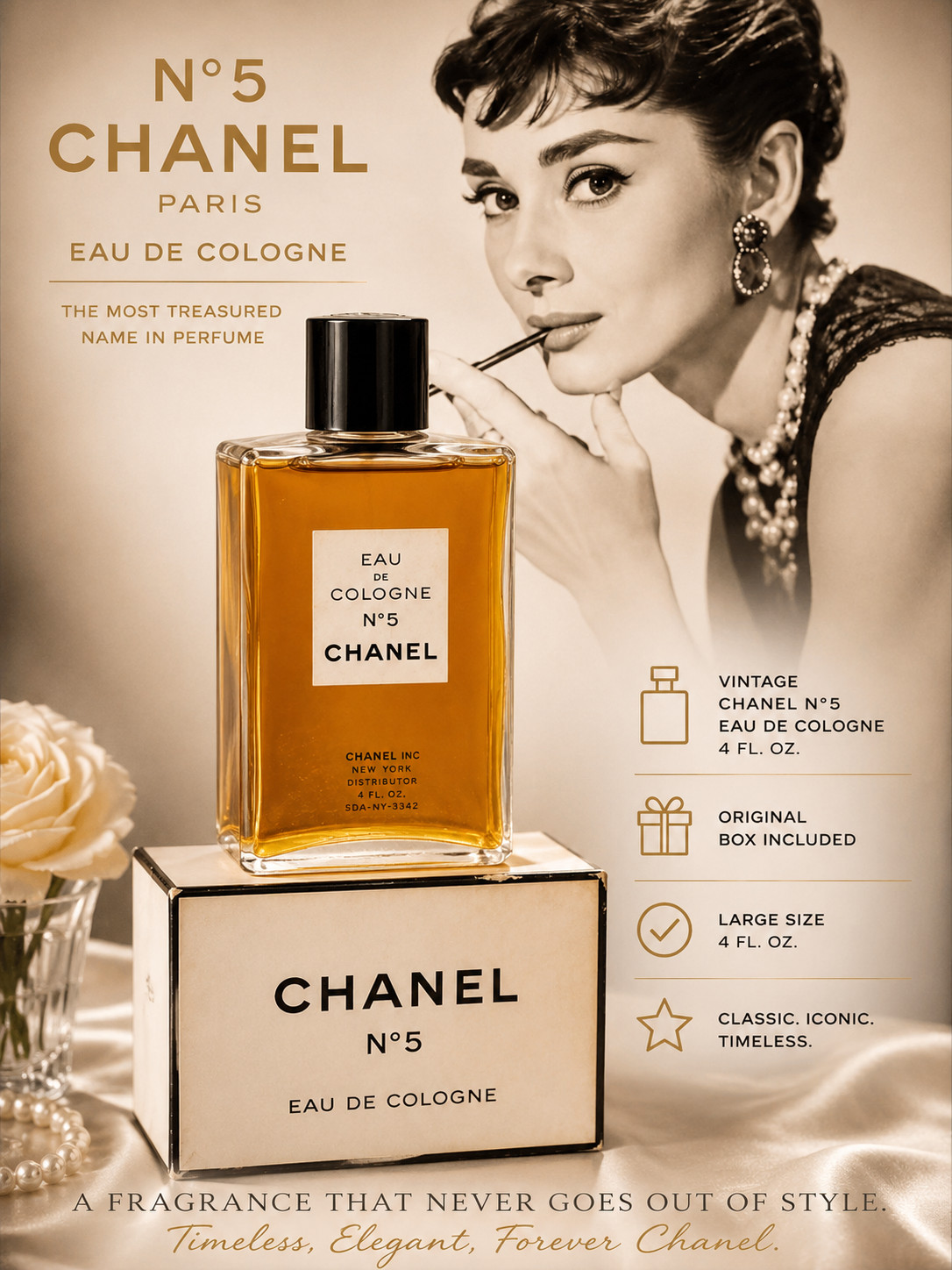 Vintage CHANEL No. 5 Eau de Cologne 4 oz Large Bottle Original Box Fresh Scent