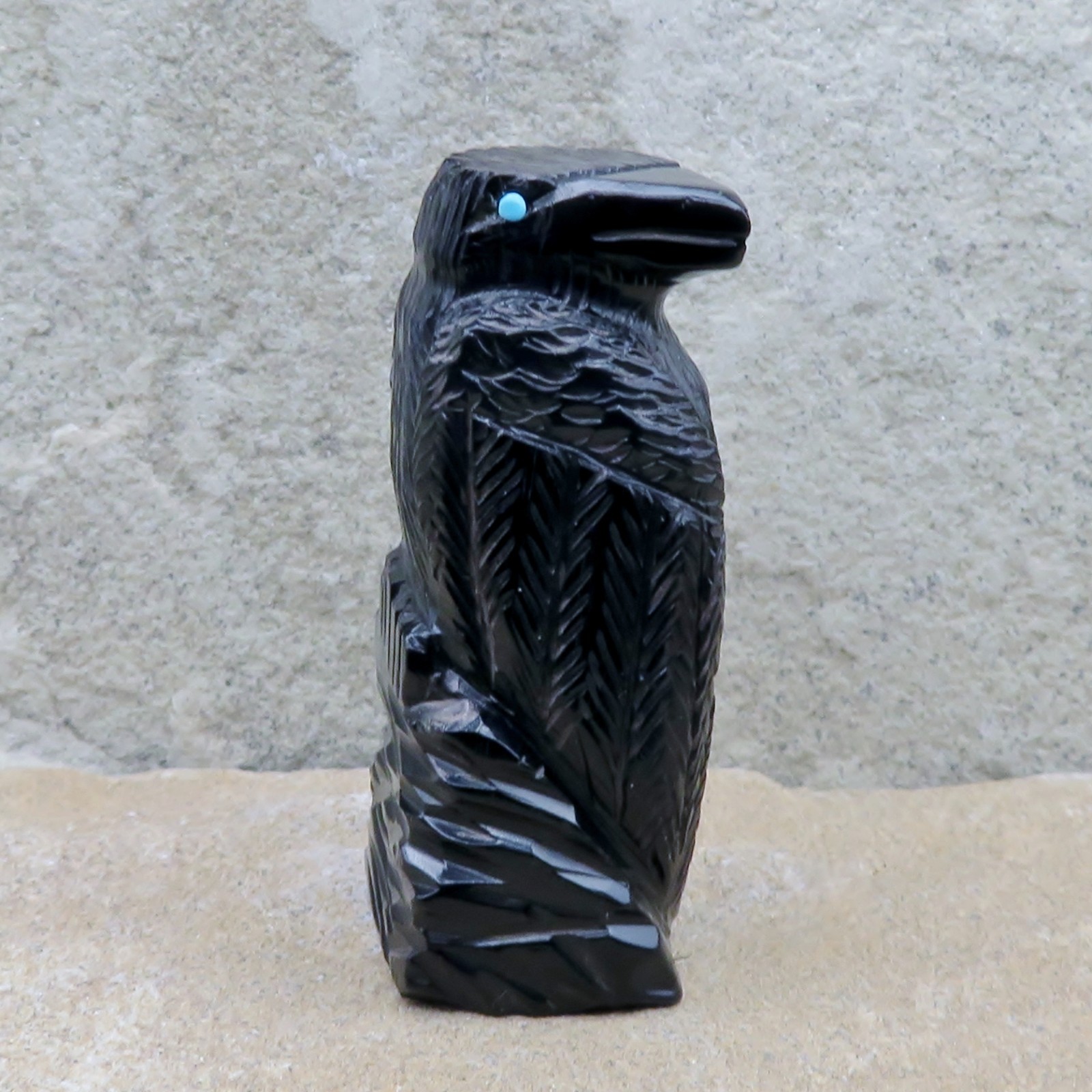 Zuni Fetish-Native American Animal Carving-Black Jet PERCHED CROW-Mike Tucson