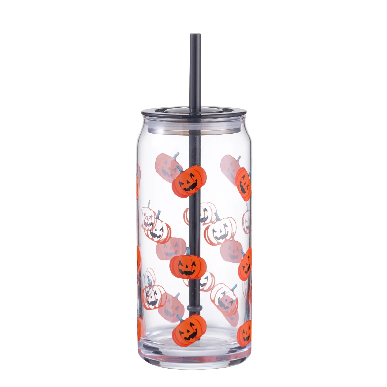 Way to Celebrate Glass 20oz Glass Can Sipper Halloween Pumpkins NEW 2 PAK