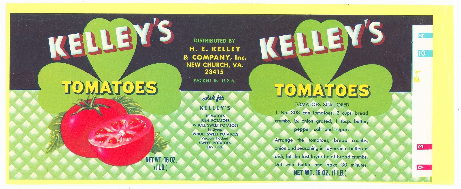 VTG Label Kelleys Tomatoes H.E.Kelley CO Virginia
