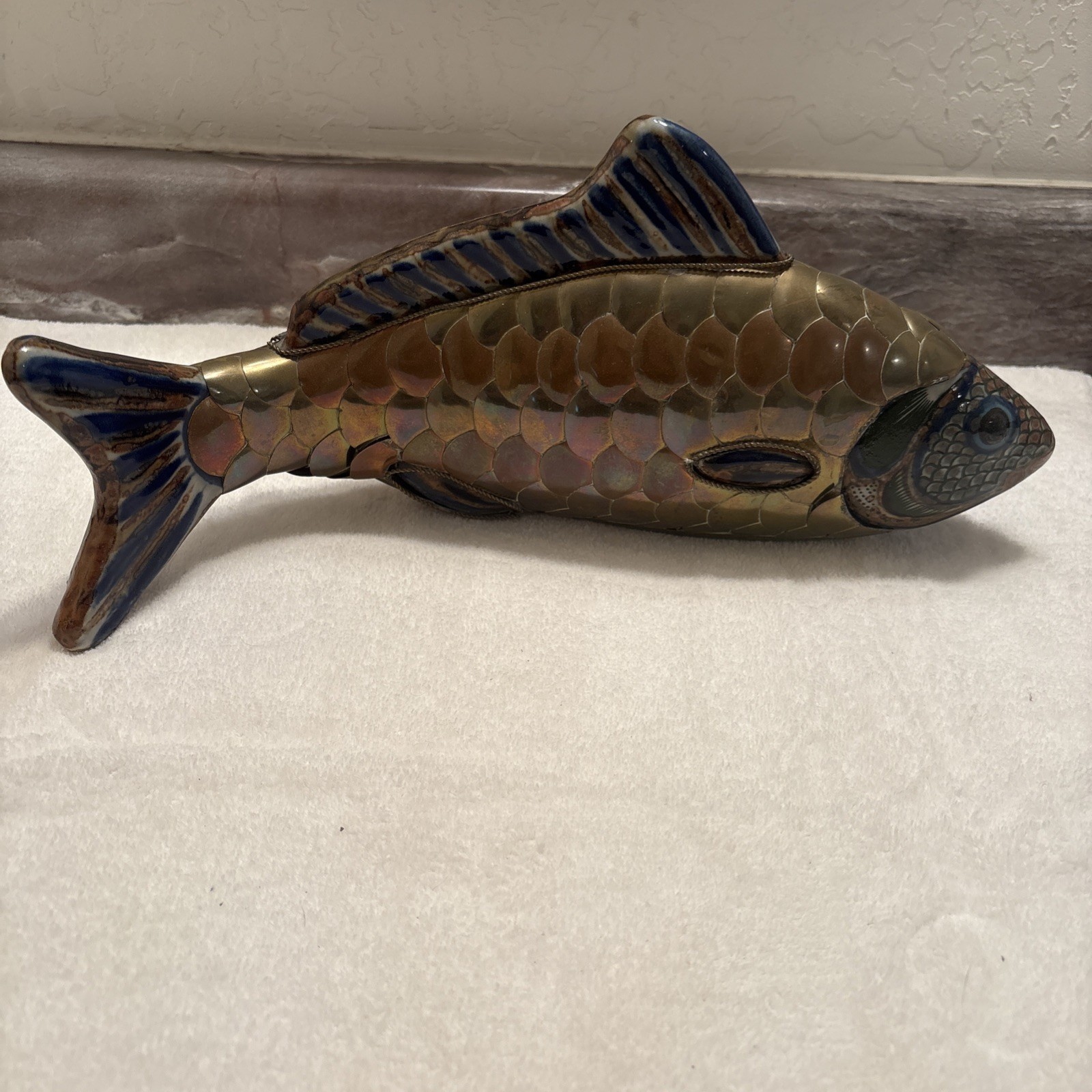 VTG Tonala Mexican Folk Art Mixed Media Brass Ceramic Fish Figurine 14 In Read VTG Tonala Mexican Folk Art Mixed Media Brass Ceramic Fish Figurine 14 In Read