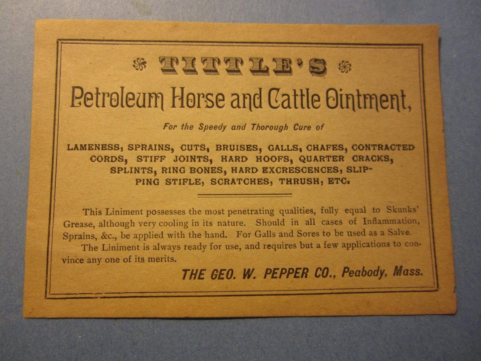 Old Antique c.1900 - TITTLE'S Horse and Cattle Ointment LABEL - Peadbody MASS. Old Antique c.1900 - TITTLE'S Horse and Cattle Ointment LABEL - Peadbody MASS.