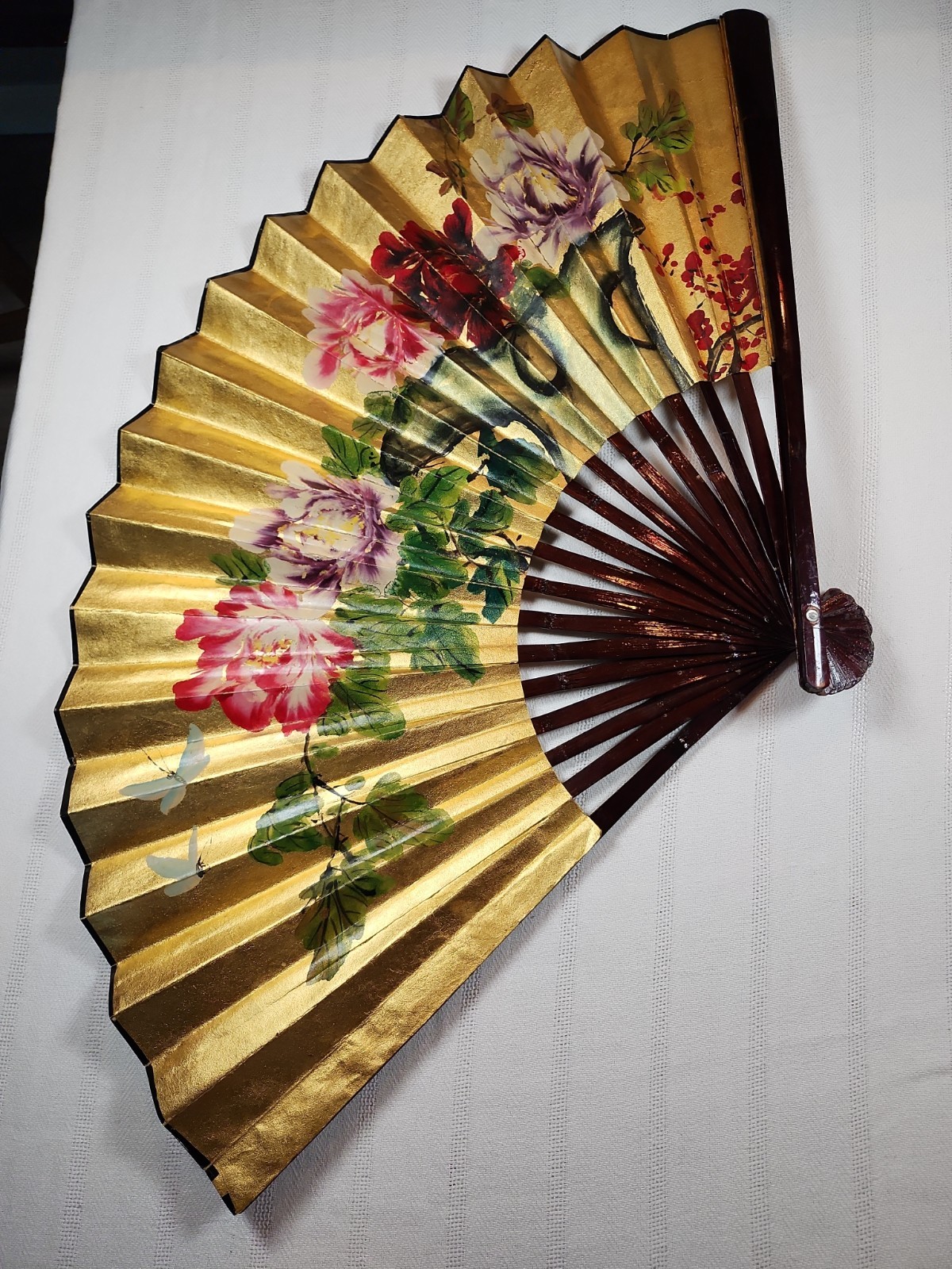 Vintage Chinese  Folding Wall Fan Gold Leaf With Handpainted Peonies 41x24