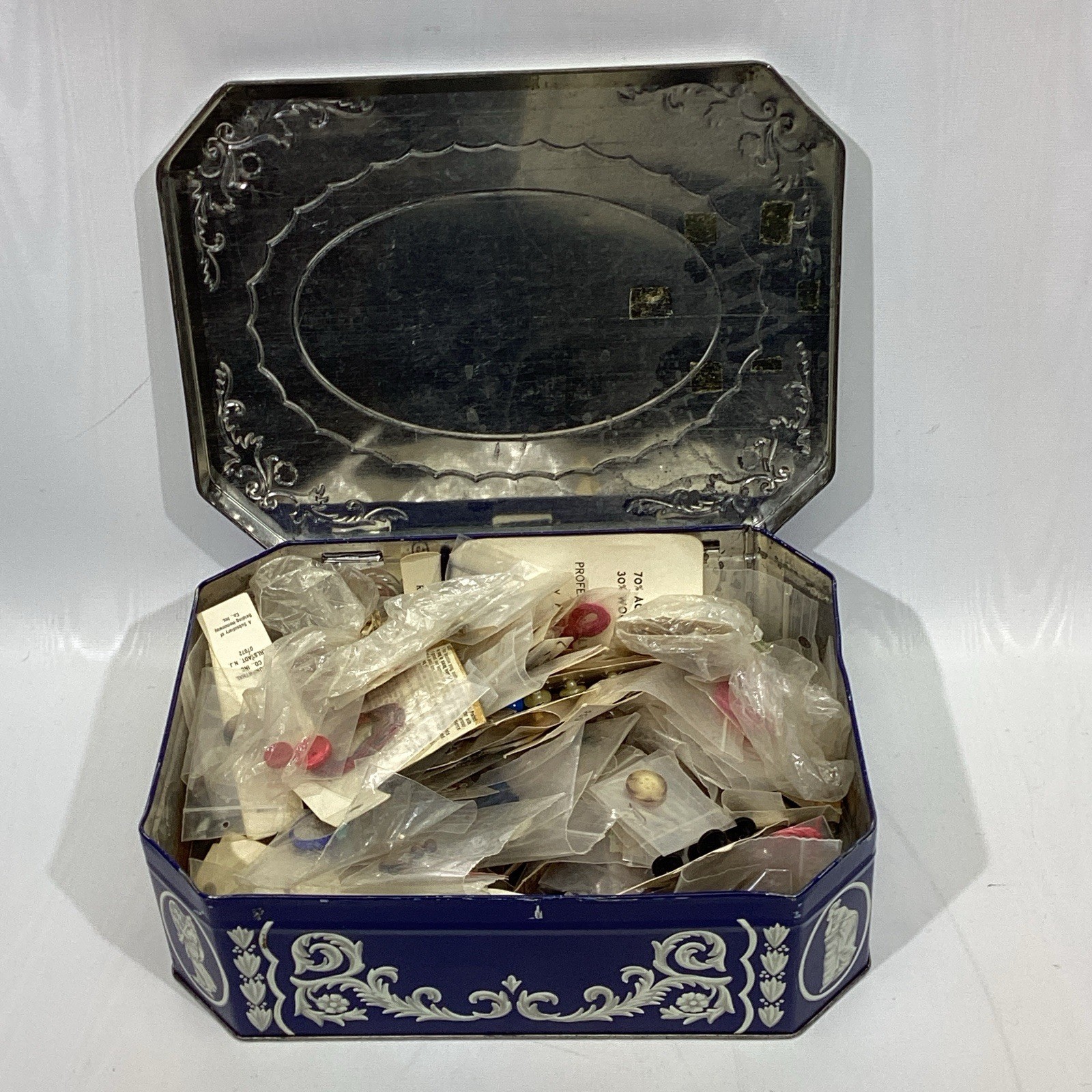 Vintage Huntley Palmers Biscuit Rectangle Tin Filled w/ Vintage Buttons Blue Vintage Huntley Palmers Biscuit Rectangle Tin Filled w/ Vintage Buttons Blue