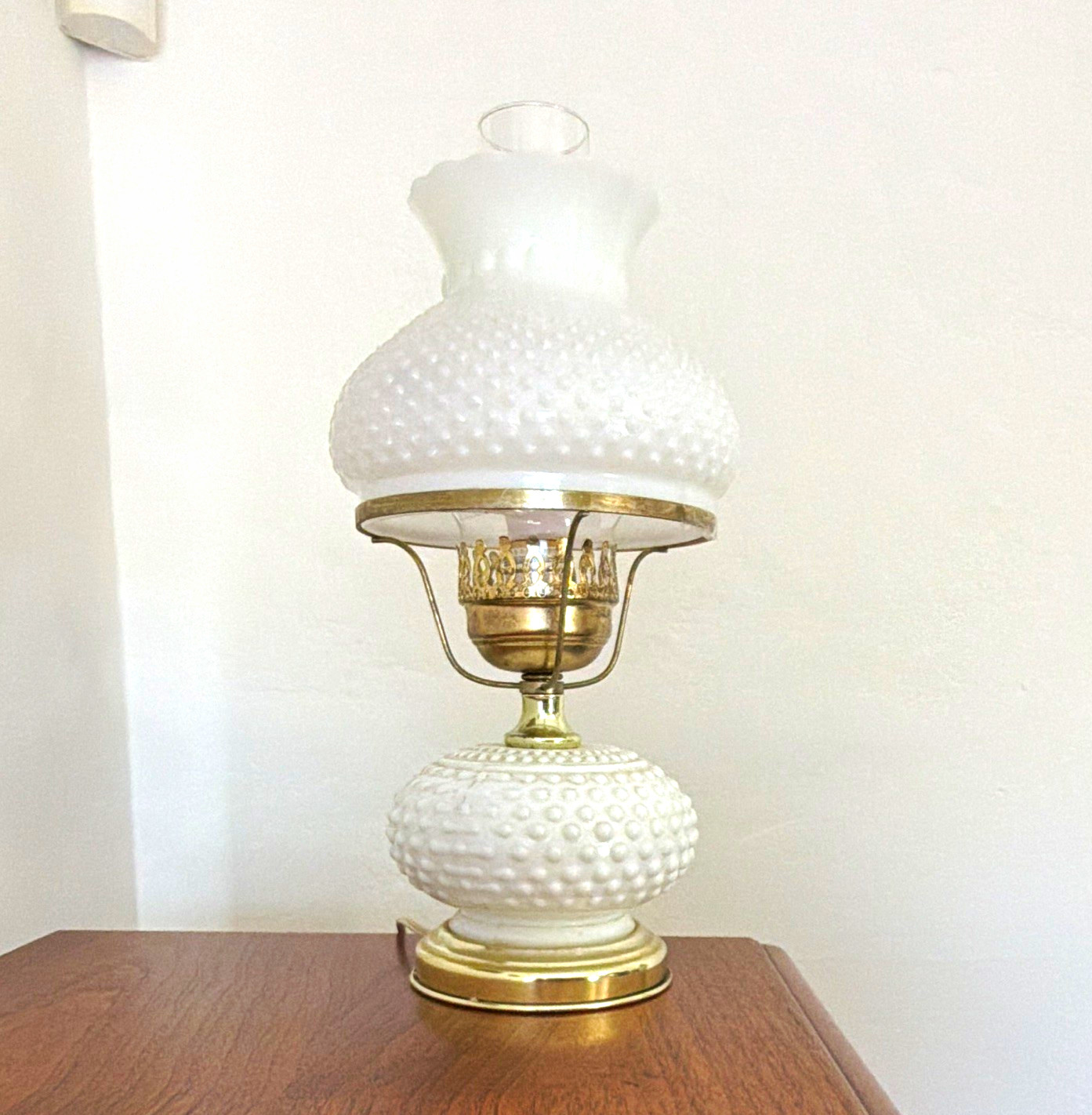 Vintage White Milk Glass Hobnail Hurricane Lamp w/ Shade, Metal Base, Knob Vintage White Milk Glass Hobnail Hurricane Lamp w/ Shade, Metal Base, Knob