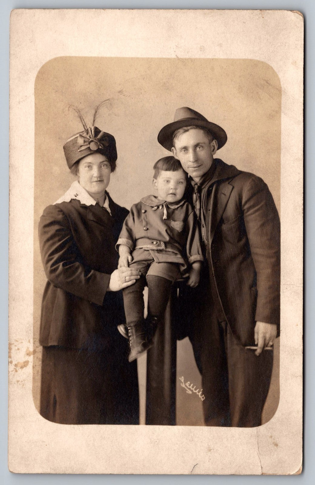 Sturdy Young Family~Couple w/Boy~Fancy Feather, Fedora Hats c1920s RPPC Postcard Sturdy Young Family~Couple w/Boy~Fancy Feather, Fedora Hats c1920s RPPC Postcard