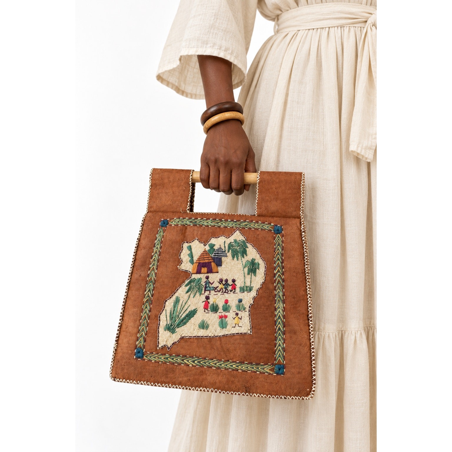 Vintage ‘60s/‘70s Handmade Ugandan Folk Art Barkcloth Raffia Cane Handle Handbag