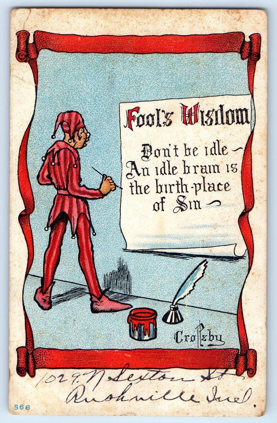 c1910\'s Fool\'s Wisdom Don\'t Be Idle Crorsby Signed Artist Antique Postcard c1910\'s Fool\'s Wisdom Don\'t Be Idle Crorsby Signed Artist Antique Postcard