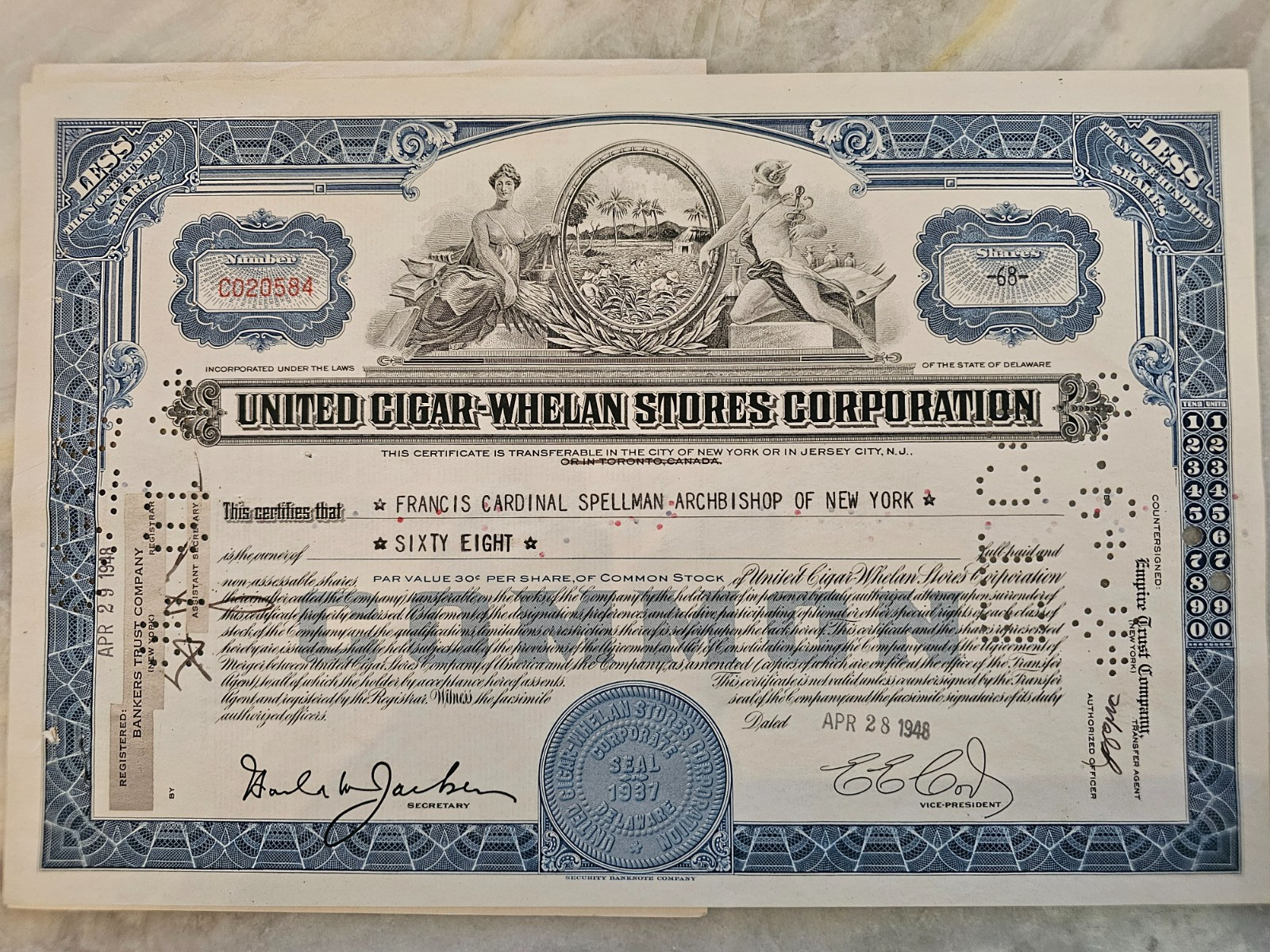Archbishop Francis Cardinal Spellman Whelan Stores Corp Stock Certificate - 1948