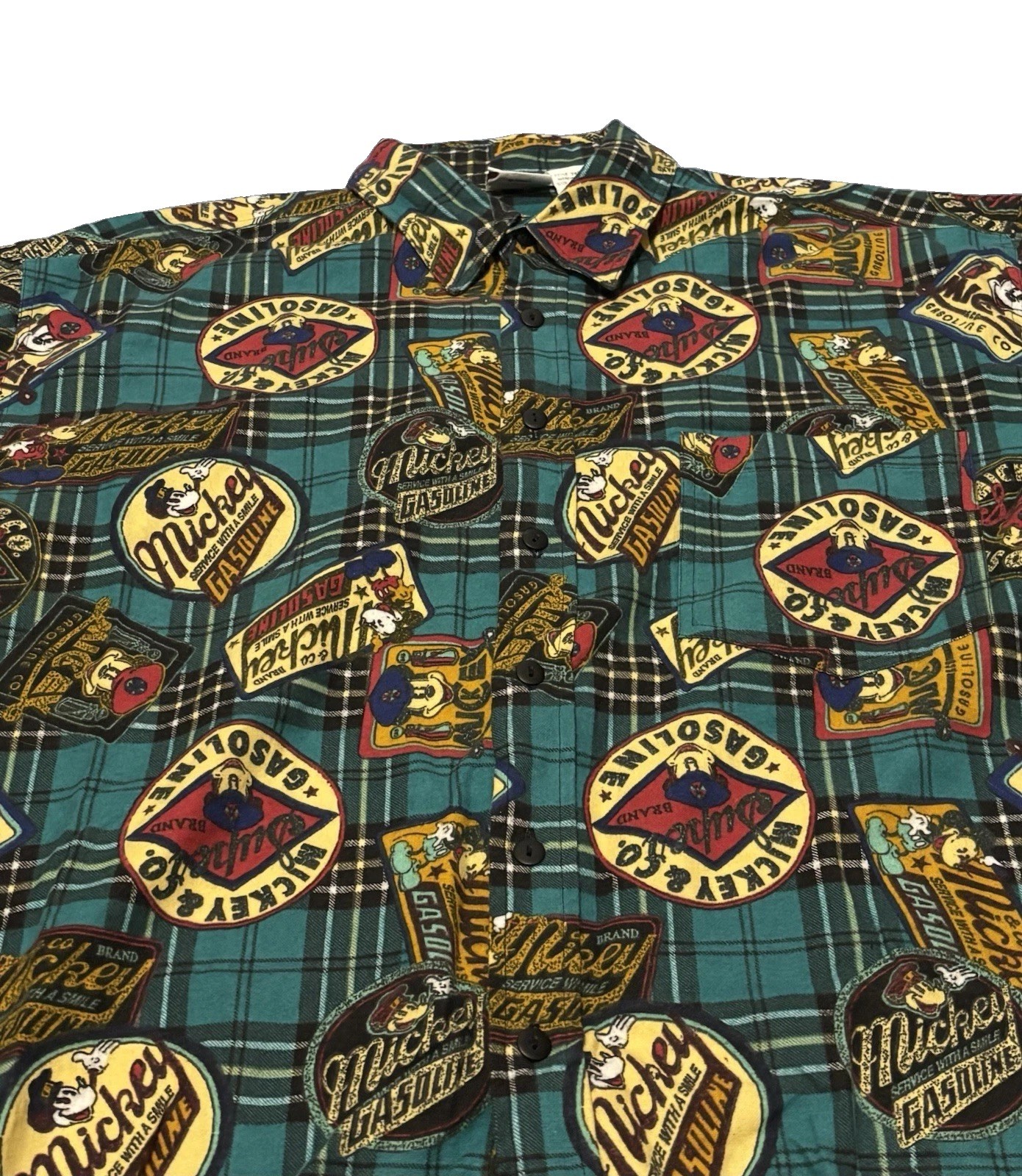 Vintage Rare Disney Mickey & Co Flannel Shirt Gasoline Print Logo Size L