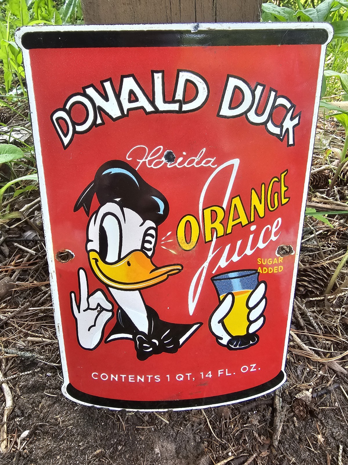 1950'S VINTAGE DONALD DUCK ORANGE JUICE OIL GASOLINE SODA POP PORCELAIN SIGN 1950'S VINTAGE DONALD DUCK ORANGE JUICE OIL GASOLINE SODA POP PORCELAIN SIGN