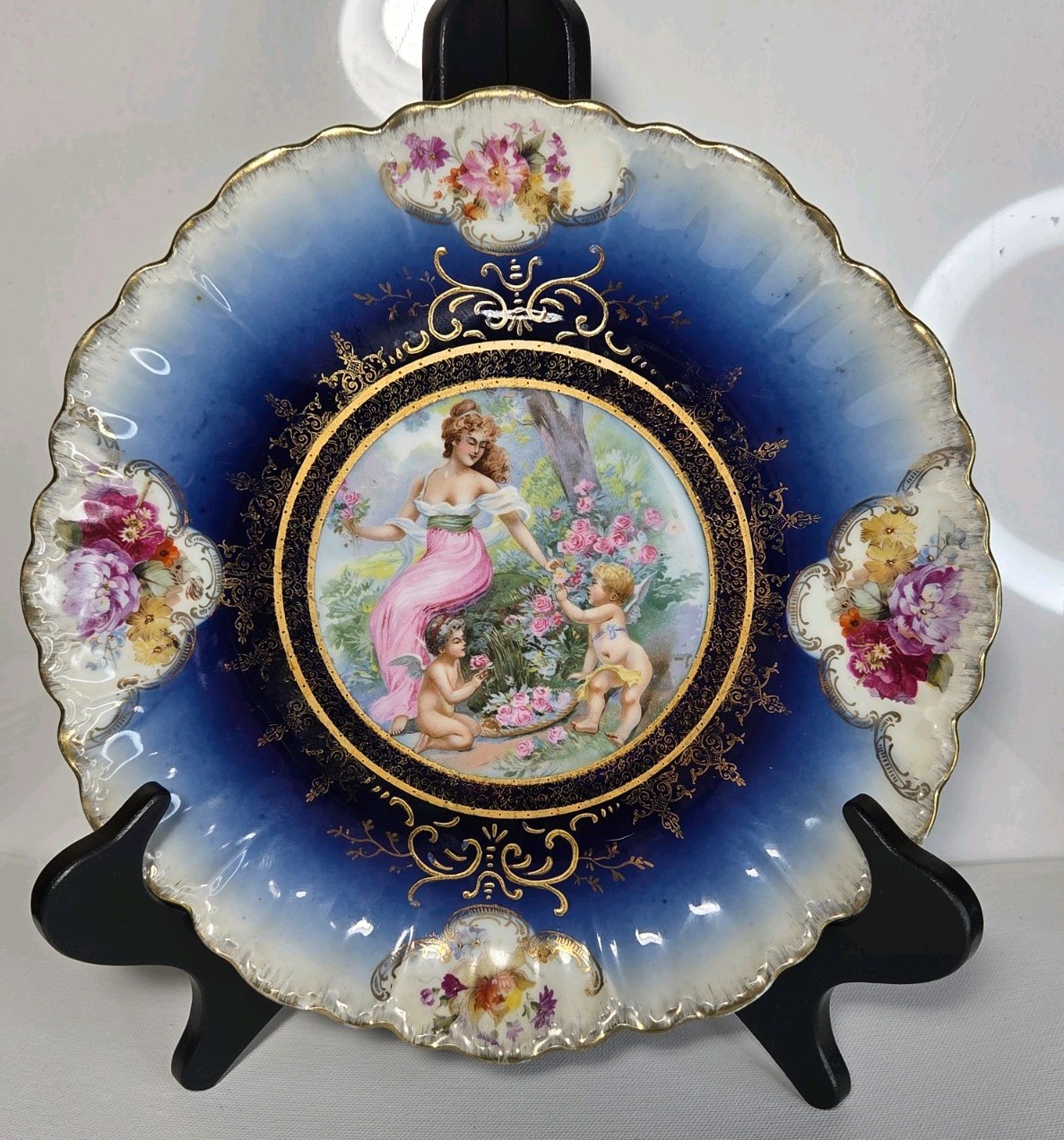 Antique P.M. Bavaria Maiden & Cherubs Porcelain Decorative Blue Plate 1895-1910