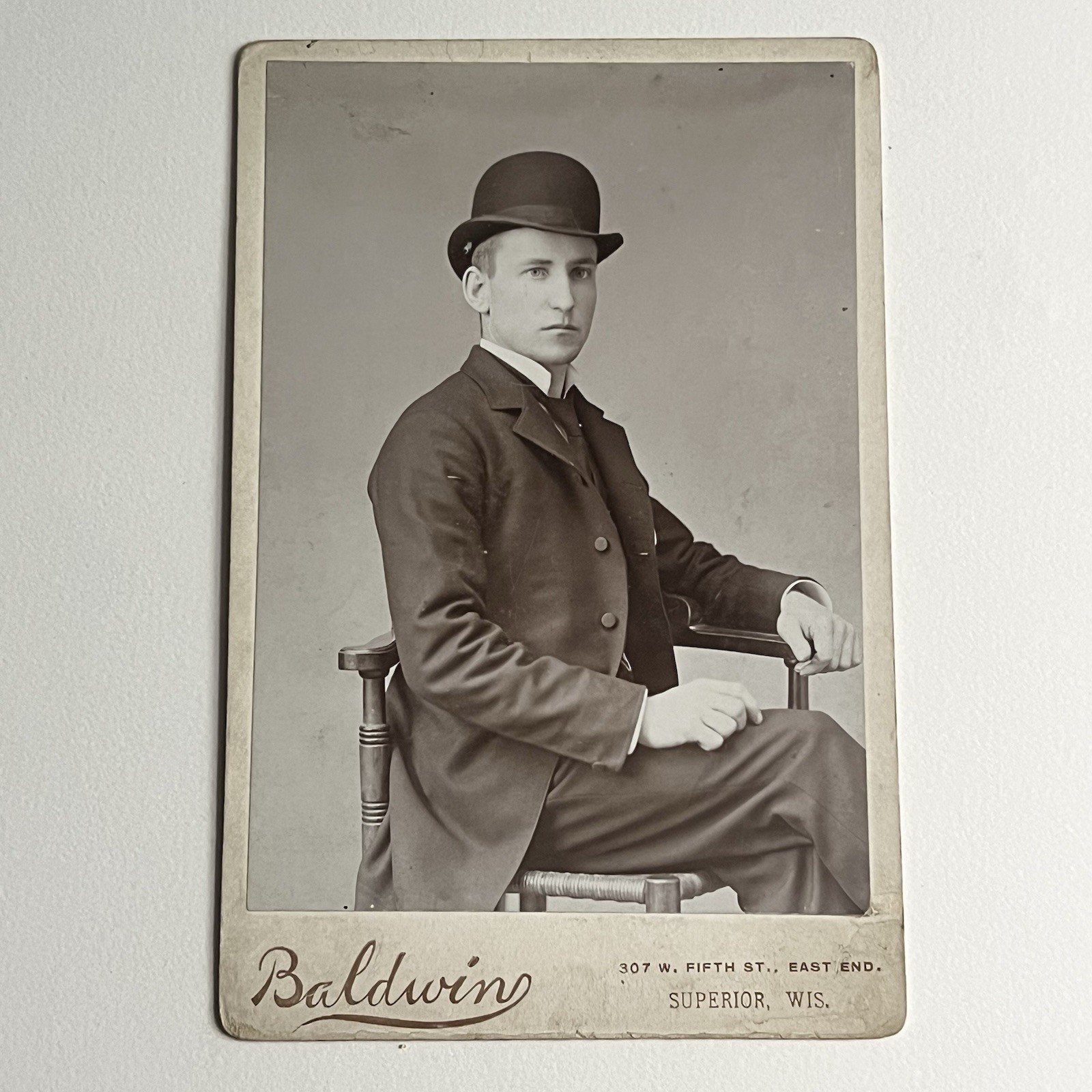 Antique Cabinet Card Photograph Handsome Young Man Bowler Hat Superior WI
