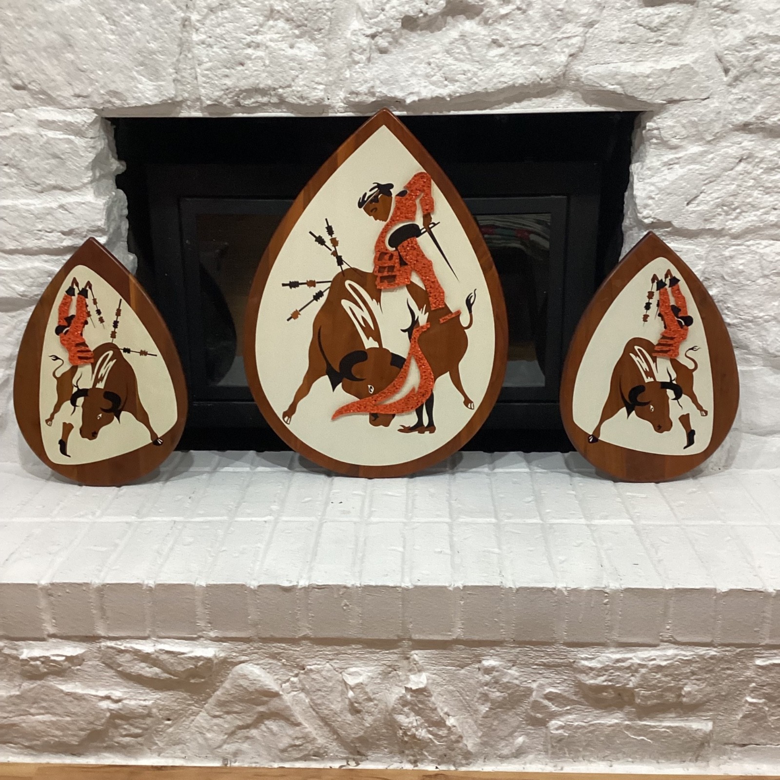 Vintage 60's Iconic MID CENTURY Modern BELART BULLFIGHTER Wood WALL ART PLAQUES Vintage 60's Iconic MID CENTURY Modern BELART BULLFIGHTER Wood WALL ART PLAQUES
