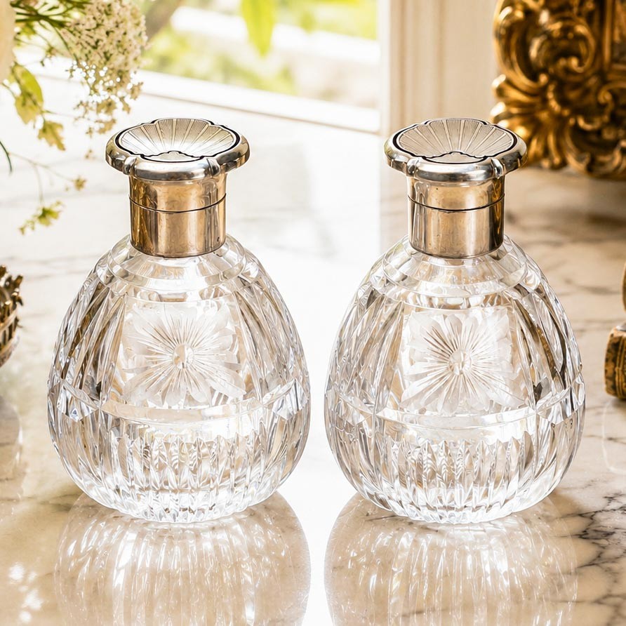 Pair Antique English Cut Crystal Perfume Bottles Sterling Silver & Blue Enamel 