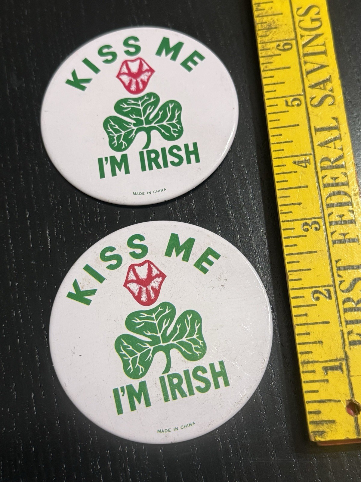 St Patrick\'s Day Kiss Me I\'m Irish Old Vintage Large Pinback Button Pin Lot Pair St Patrick\'s Day Kiss Me I\'m Irish Old Vintage Large Pinback Button Pin Lot Pair