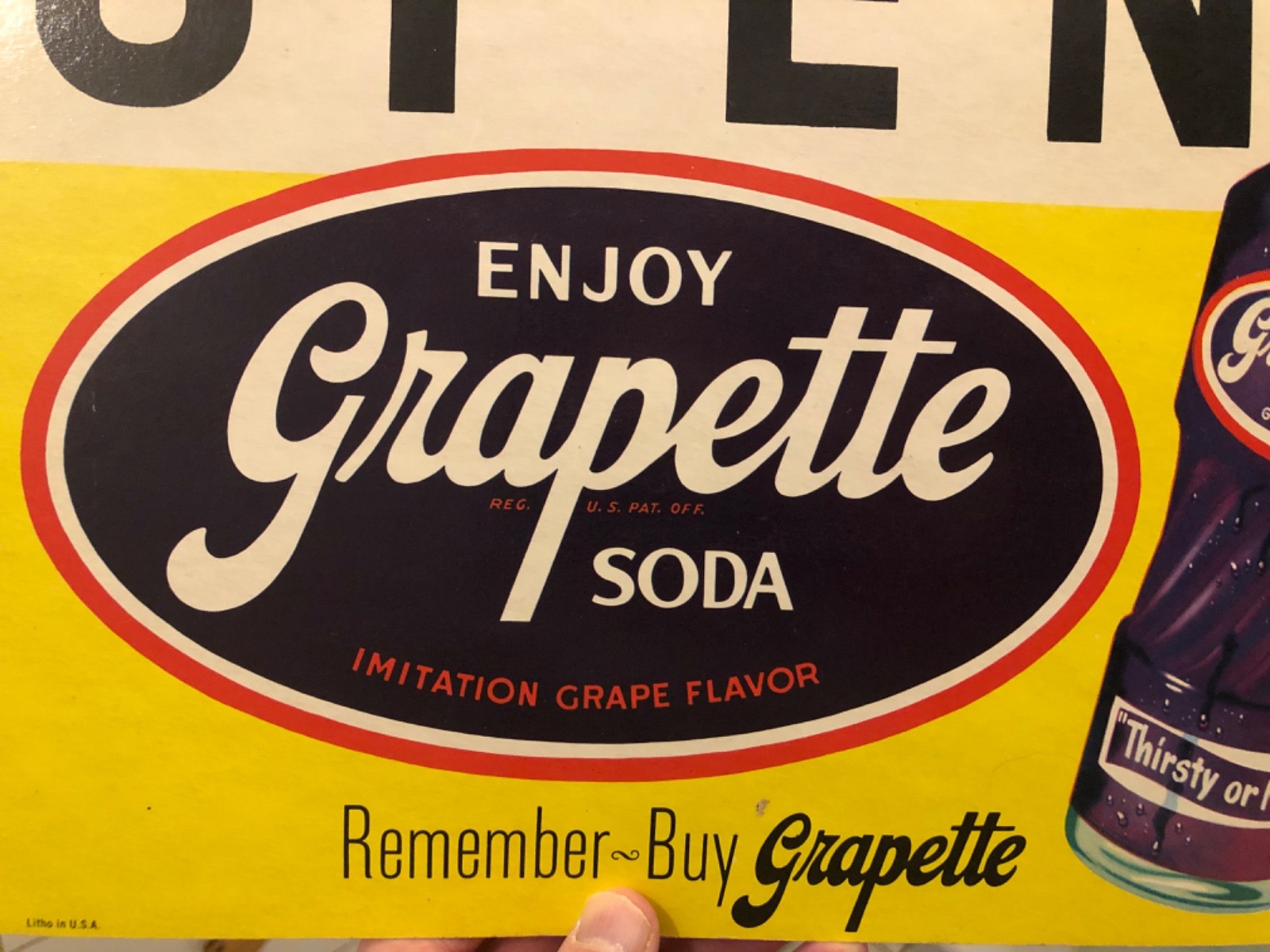 VINTAGE NOS c1940 “GRAPETTE SODA” OPEN/CLOSED CARDBOARD DOOR SIGN CLEAN CRISP