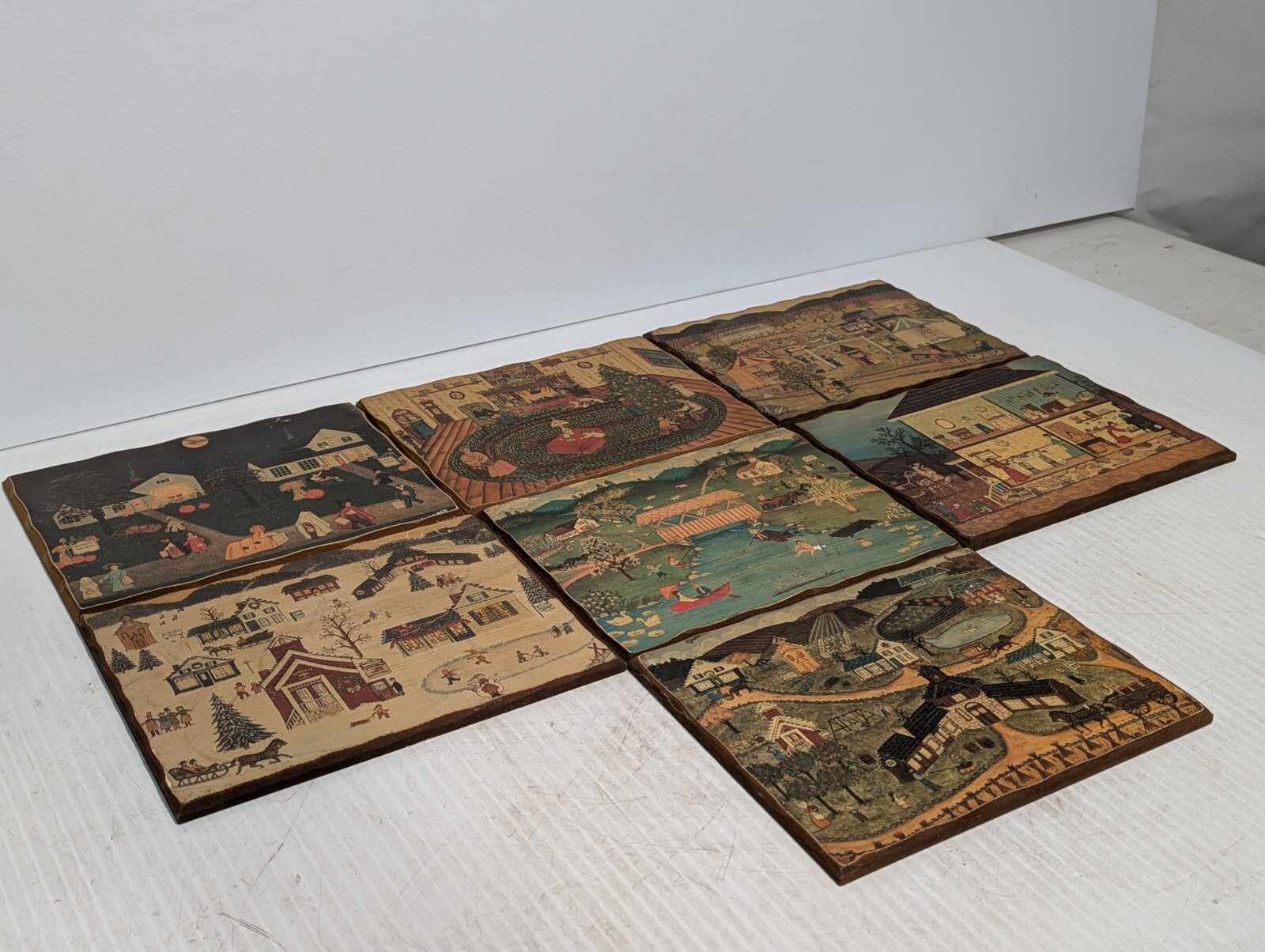 Set of 7 Early Colonial Life Pictures on Wood, Americana, 8.5\ Set of 7 Early Colonial Life Pictures on Wood, Americana, 8.5\