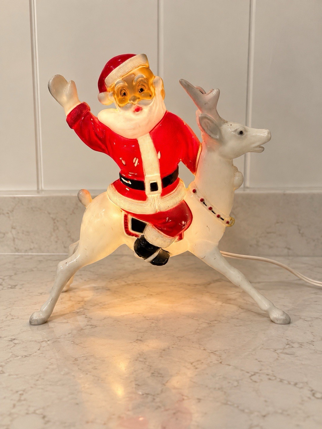 VTG Christmas ~ Hi Ho Santa Riding A Reindeer MCM Hard Plastic Lighted *WORKS*