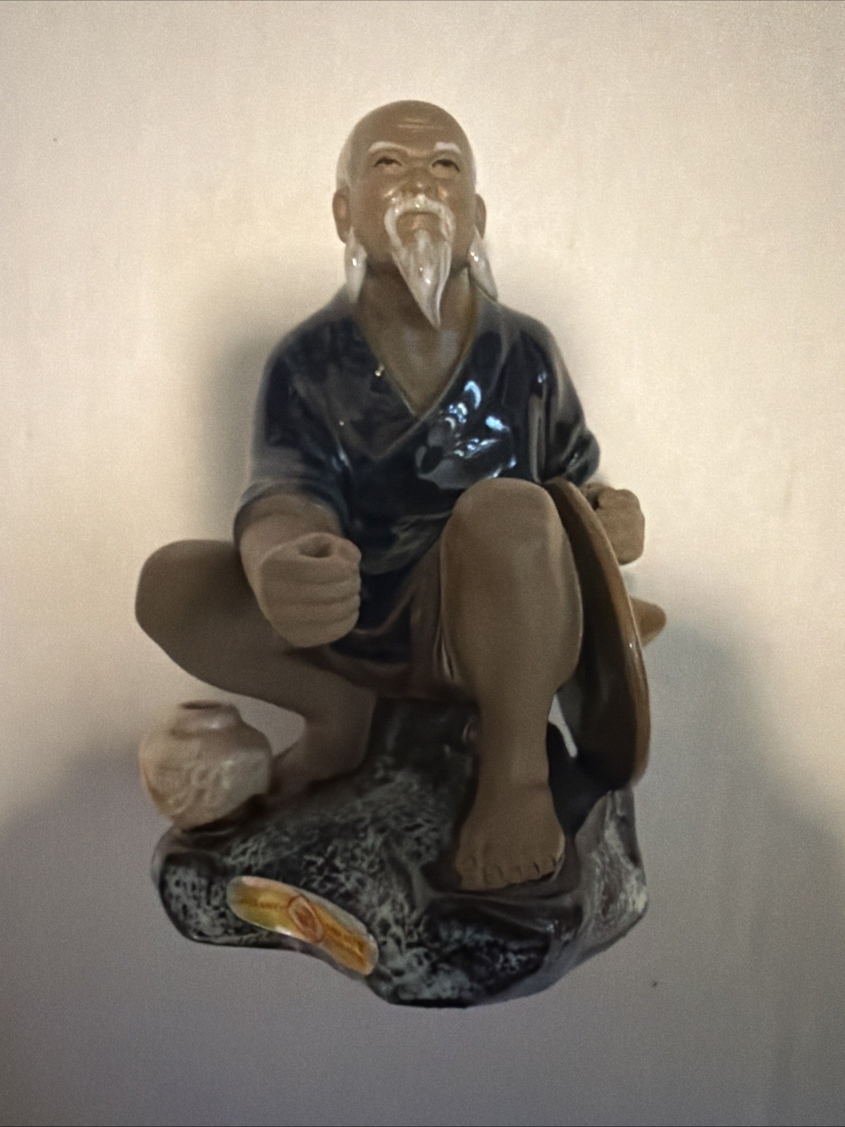 Vintage Chinese Oriental Shiwan Kneeling Mudman Fisherman Figurine Missing Pole Vintage Chinese Oriental Shiwan Kneeling Mudman Fisherman Figurine Missing Pole
