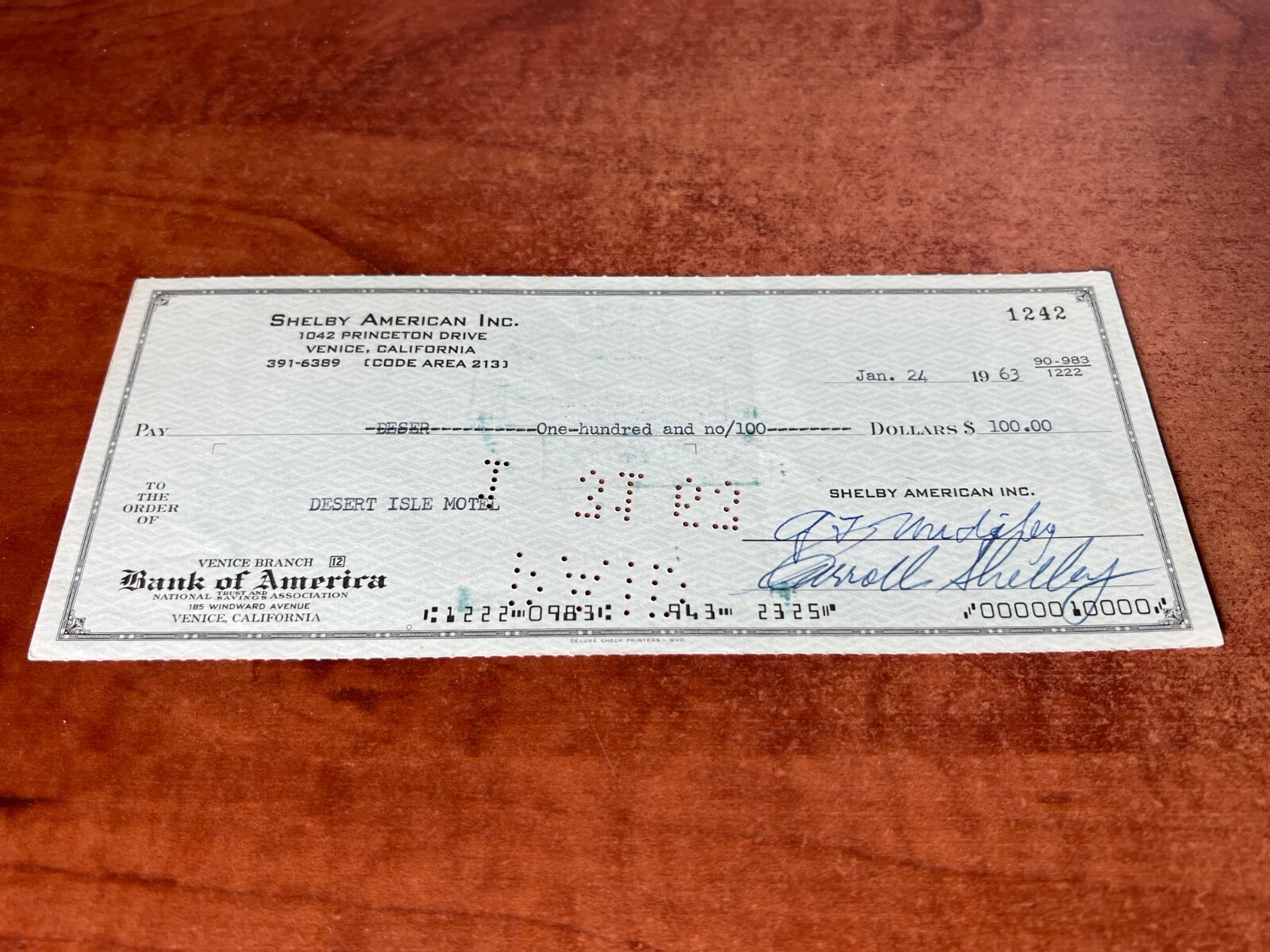 CARROLL SHELBY SIGNED Check 1963 American Desert Isle Motel racing car cobra gt CARROLL SHELBY SIGNED Check 1963 American Desert Isle Motel racing car cobra gt
