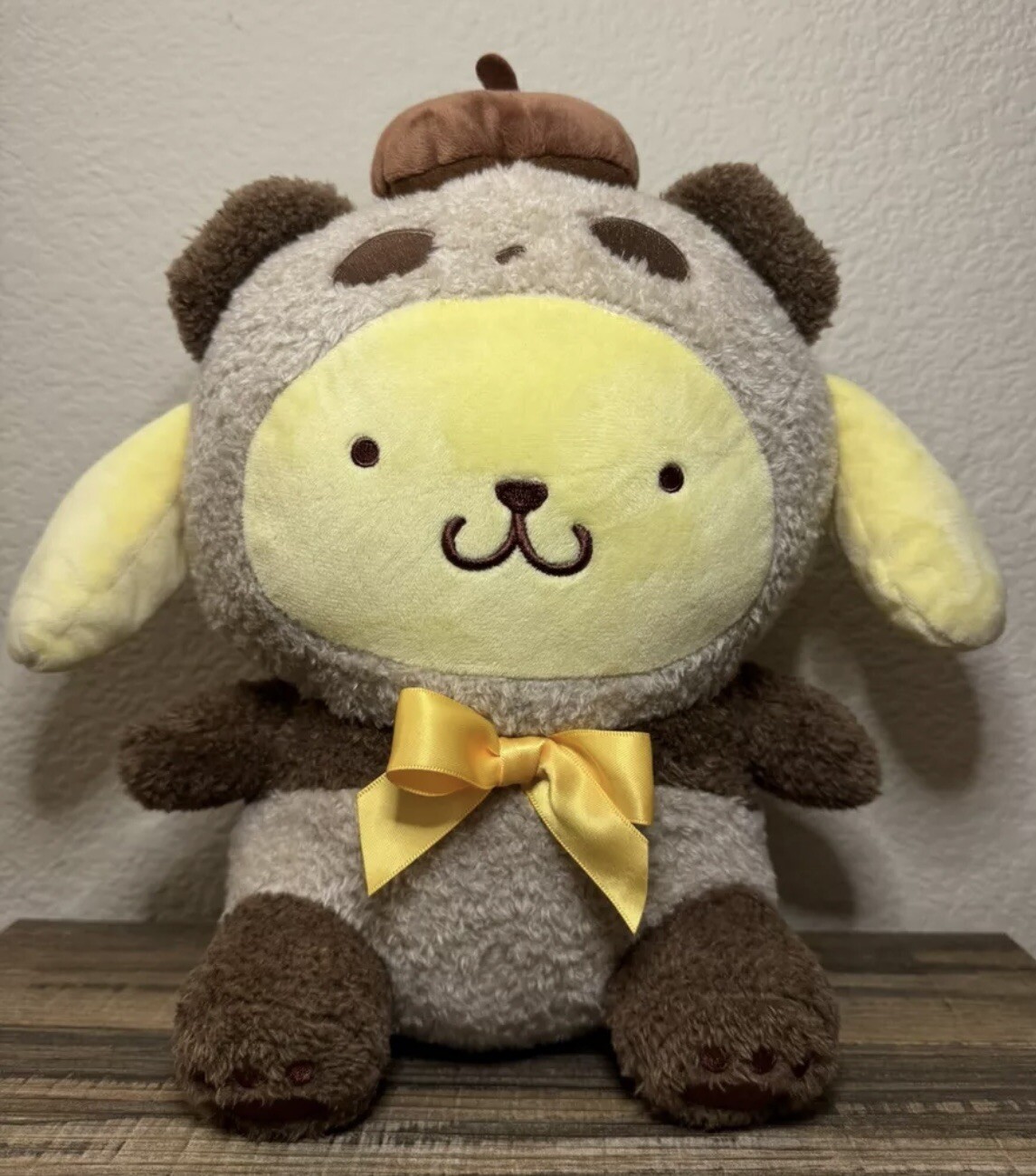 10” Sanrio Pompompurin in Brown Panda Costume Sitting RARE Plush Kigurumi NWT