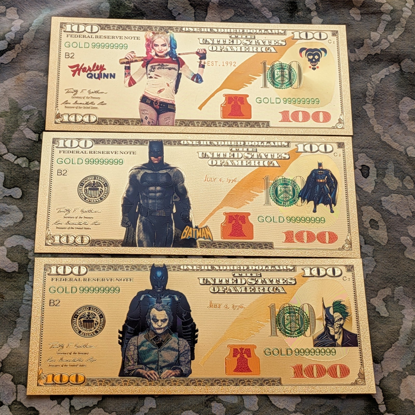 3pc 24k Gold Foil Plated Novelty DC Joker / Batman / Harley Quinn Banknotes Mint
