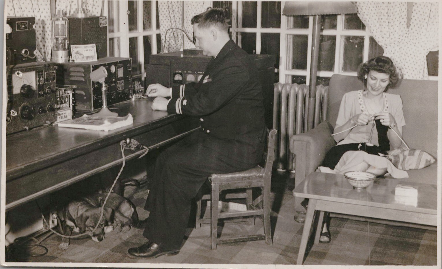Vtg B&W Snapshot Navy Officer Ham Radio Operator Wife Knitting Dog Under Desk Vtg B&W Snapshot Navy Officer Ham Radio Operator Wife Knitting Dog Under Desk