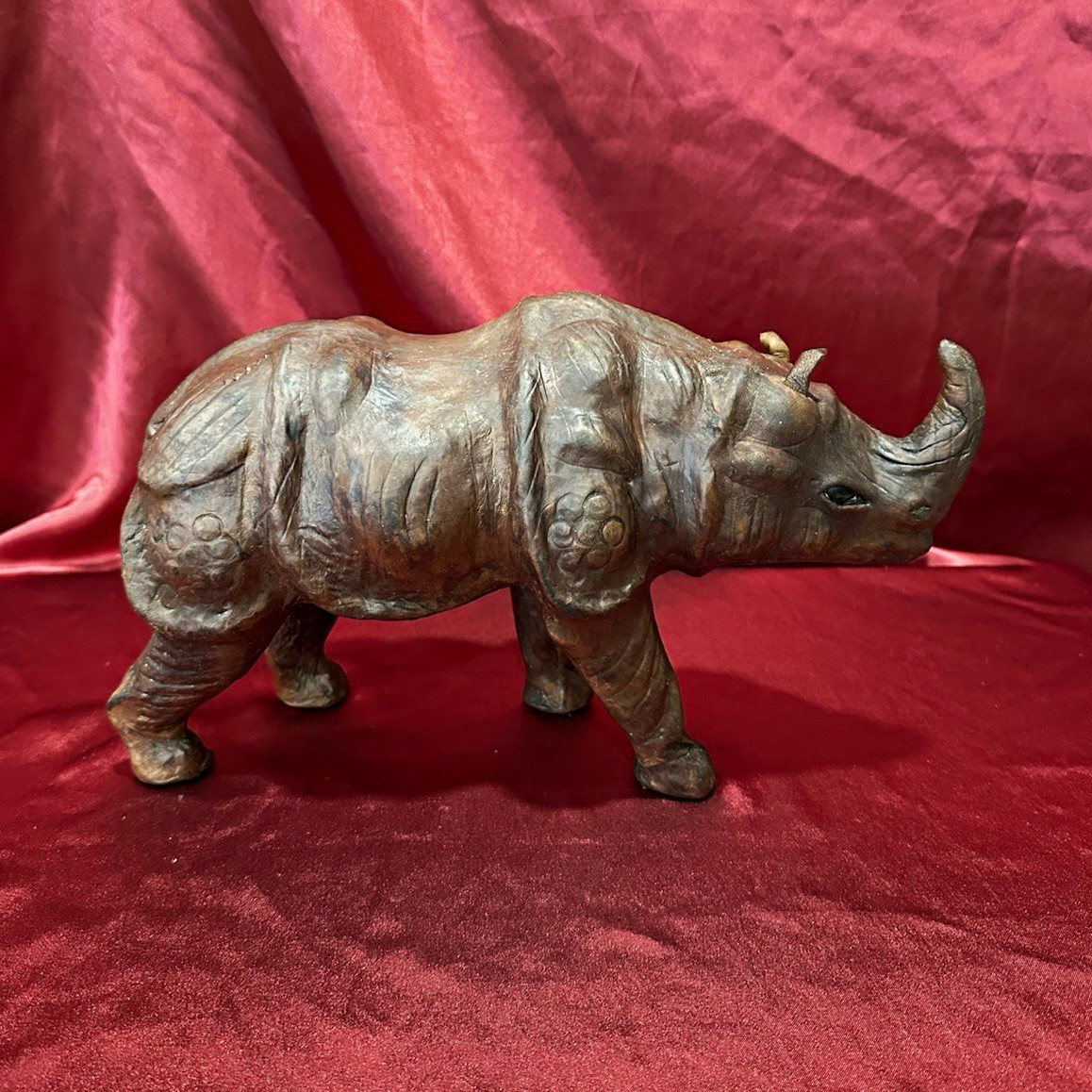 Vintage Handcrafted African Leather Rhino Sculpture 12\