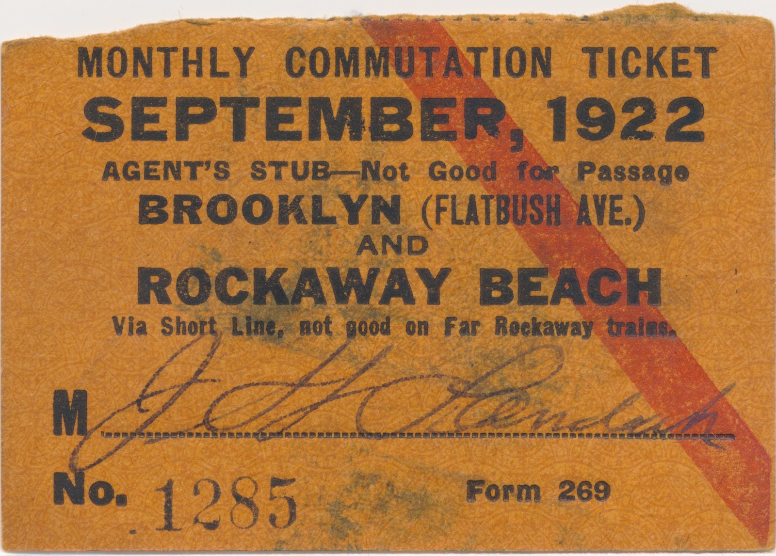 Long Island Rail Road Brooklyn and Rockaway Beach agent's stub 8/30/1922 Long Island Rail Road Brooklyn and Rockaway Beach agent's stub 8/30/1922