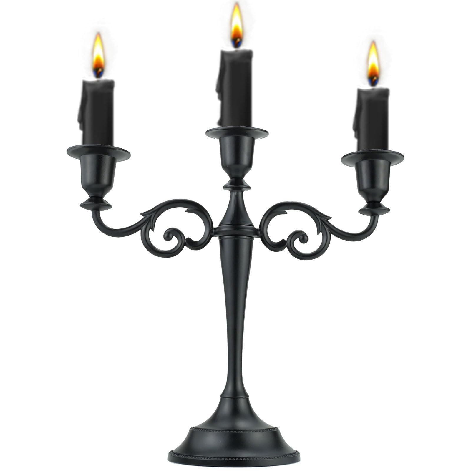 Elegant 3-Arm Black Metal Candelabra for Halloween Decor - Taper Candle Holder C